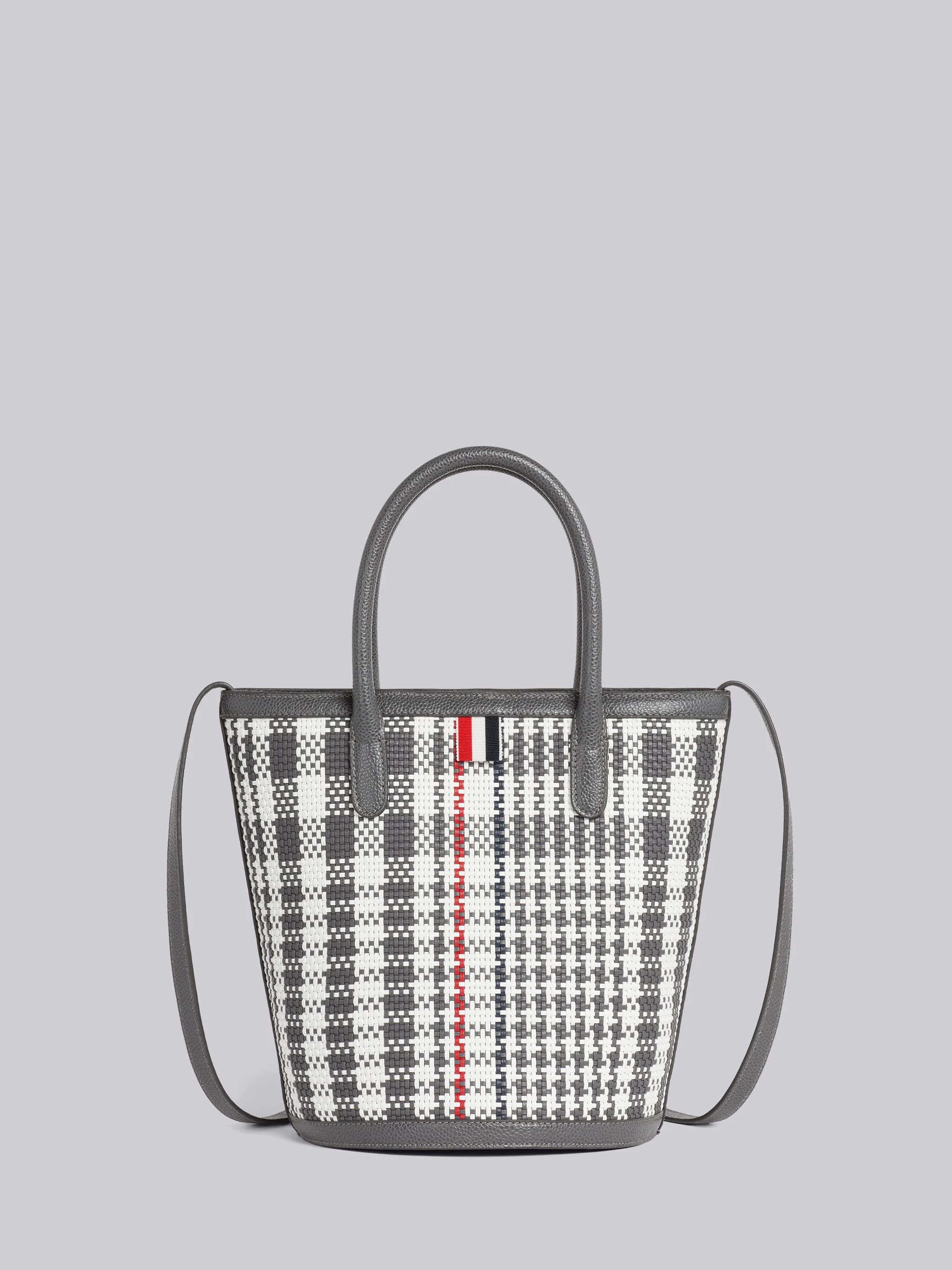 Dark Grey Calf Check Weaving Leather Frame Shoulder Strap Mini Bucket Bag - 1