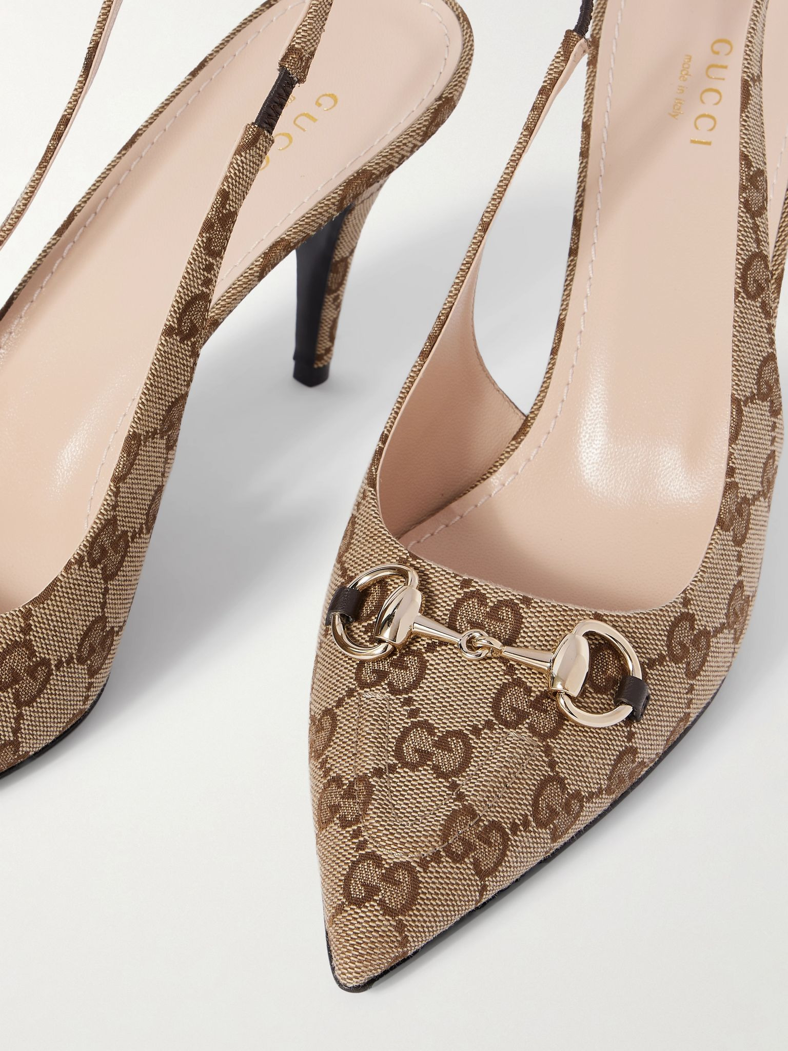 Erin horsebit-detailed canvas-jacquard slingback pumps Brown - 4