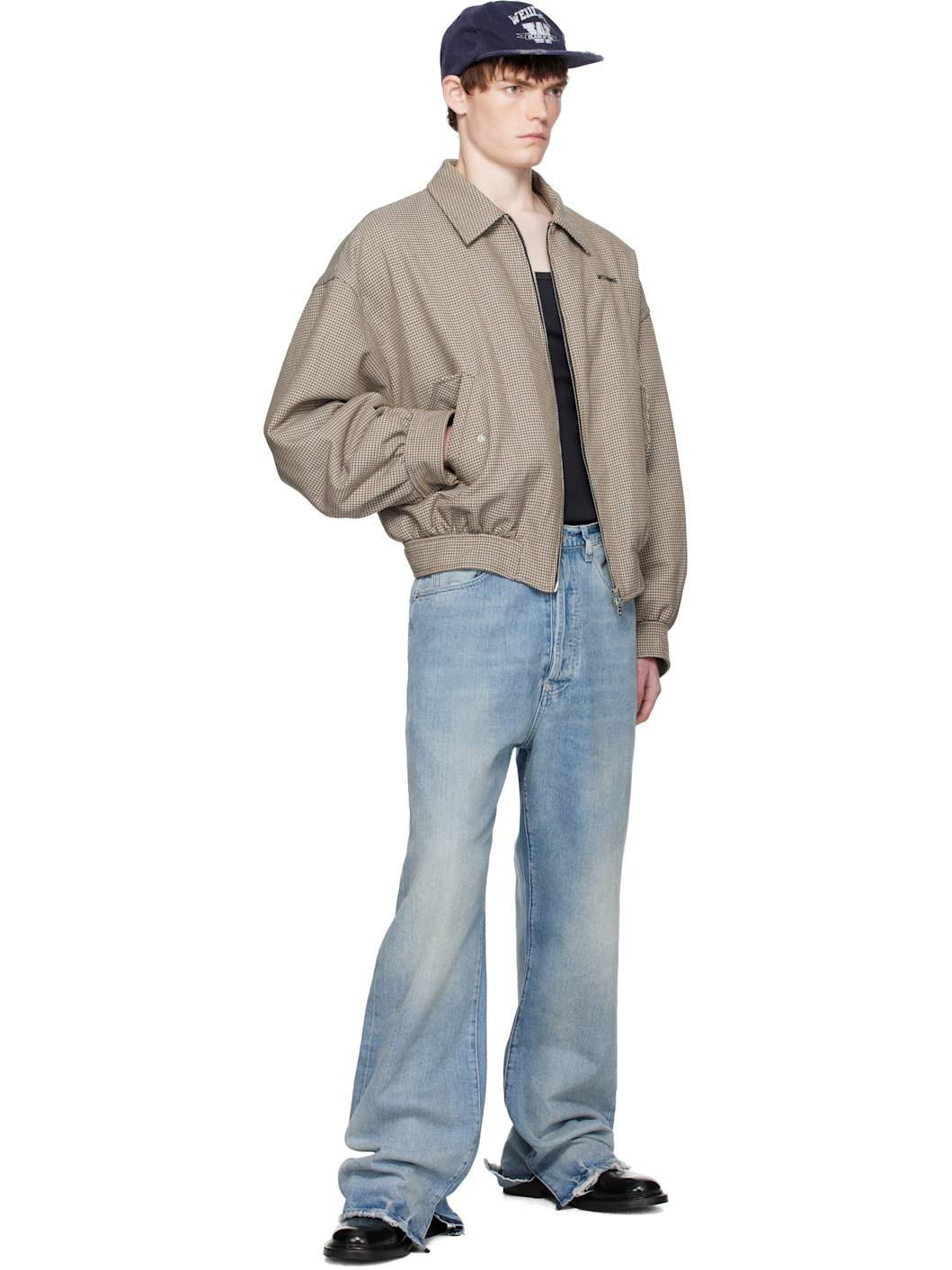 Beige Checkered Bomber Jacket - 4