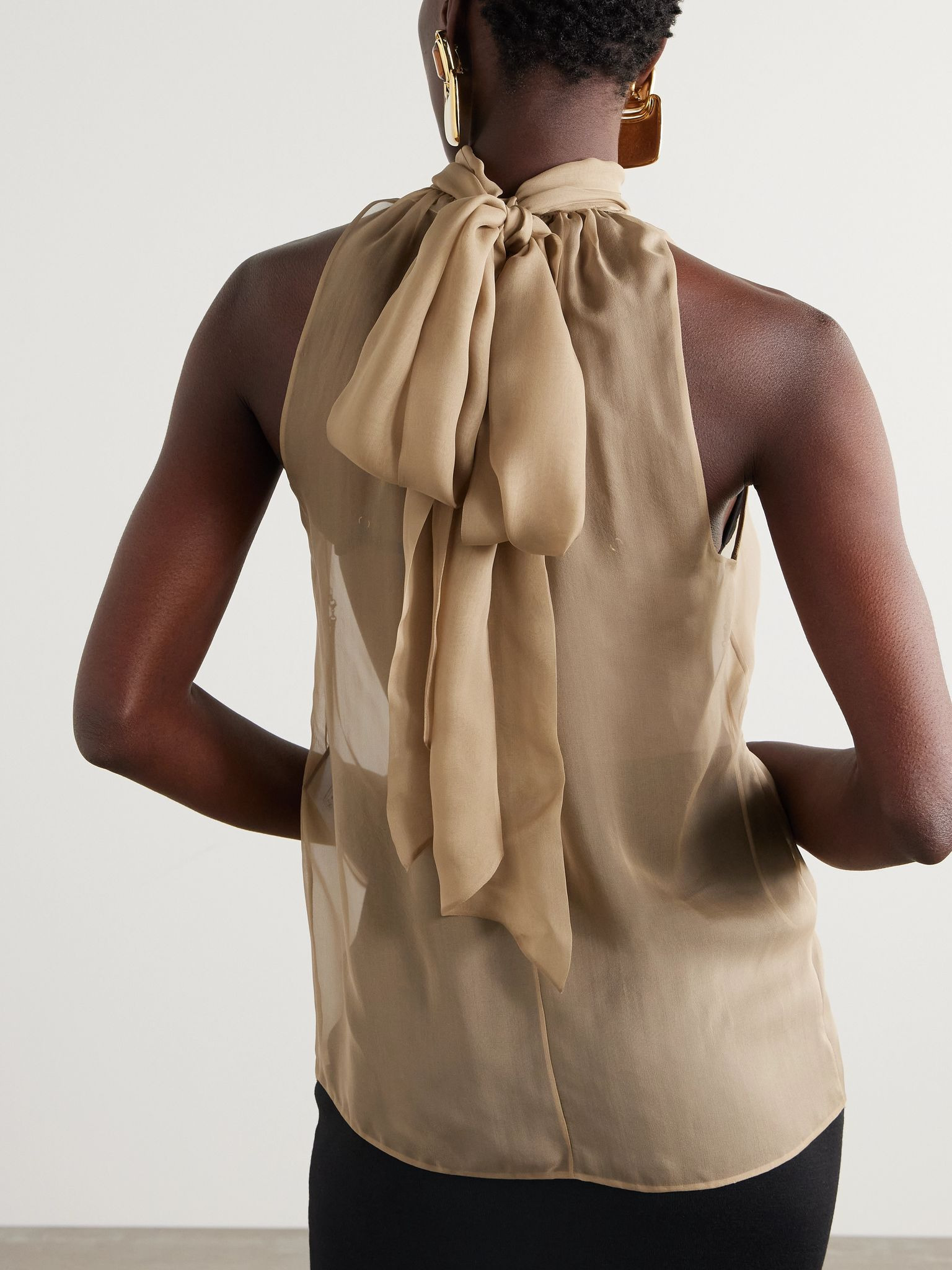 Gathered tie-detailed silk-chiffon blouse Beige - 4