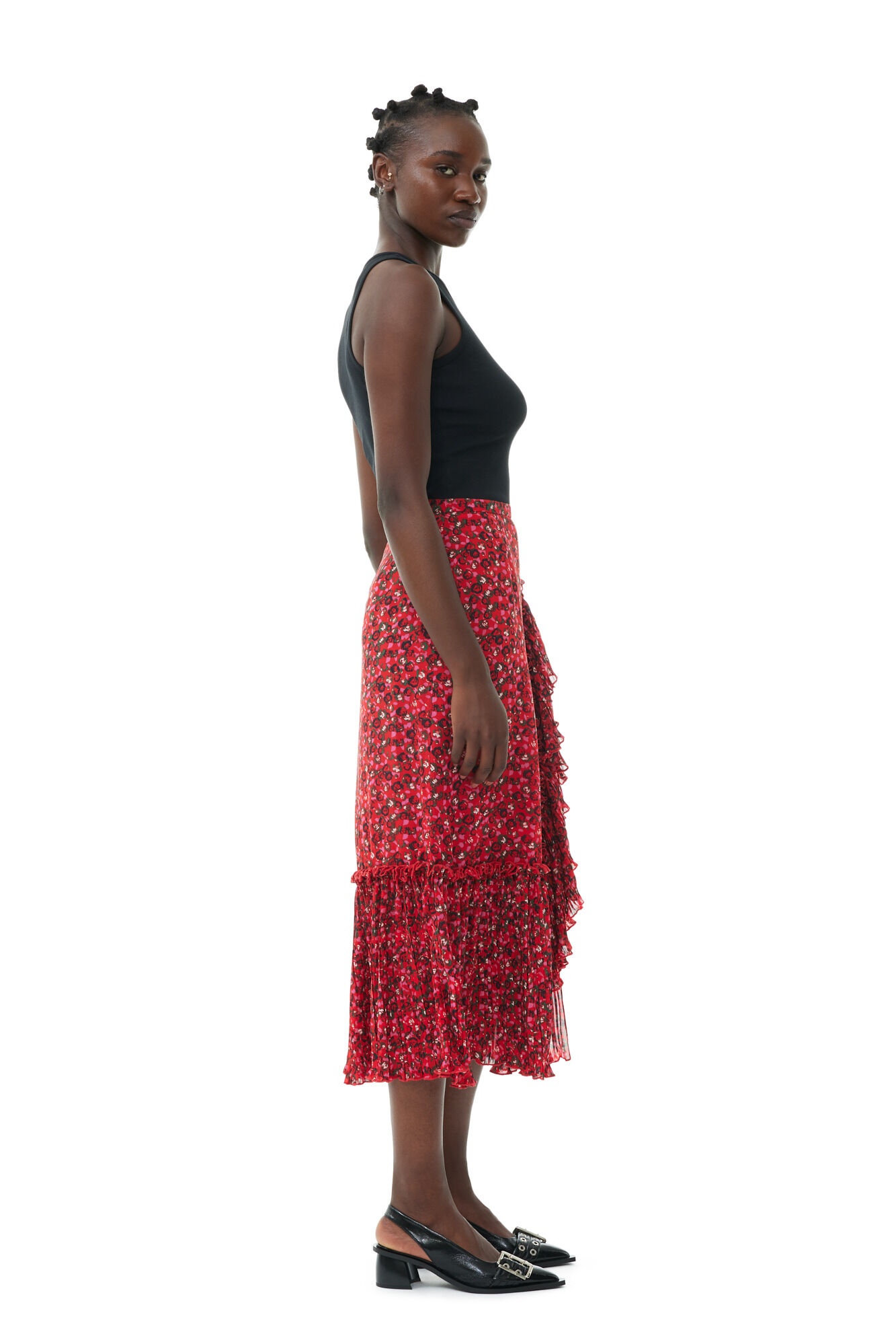 RED PLEATED GEORGETTE FLOUNCE MIDI SKIRT - 4