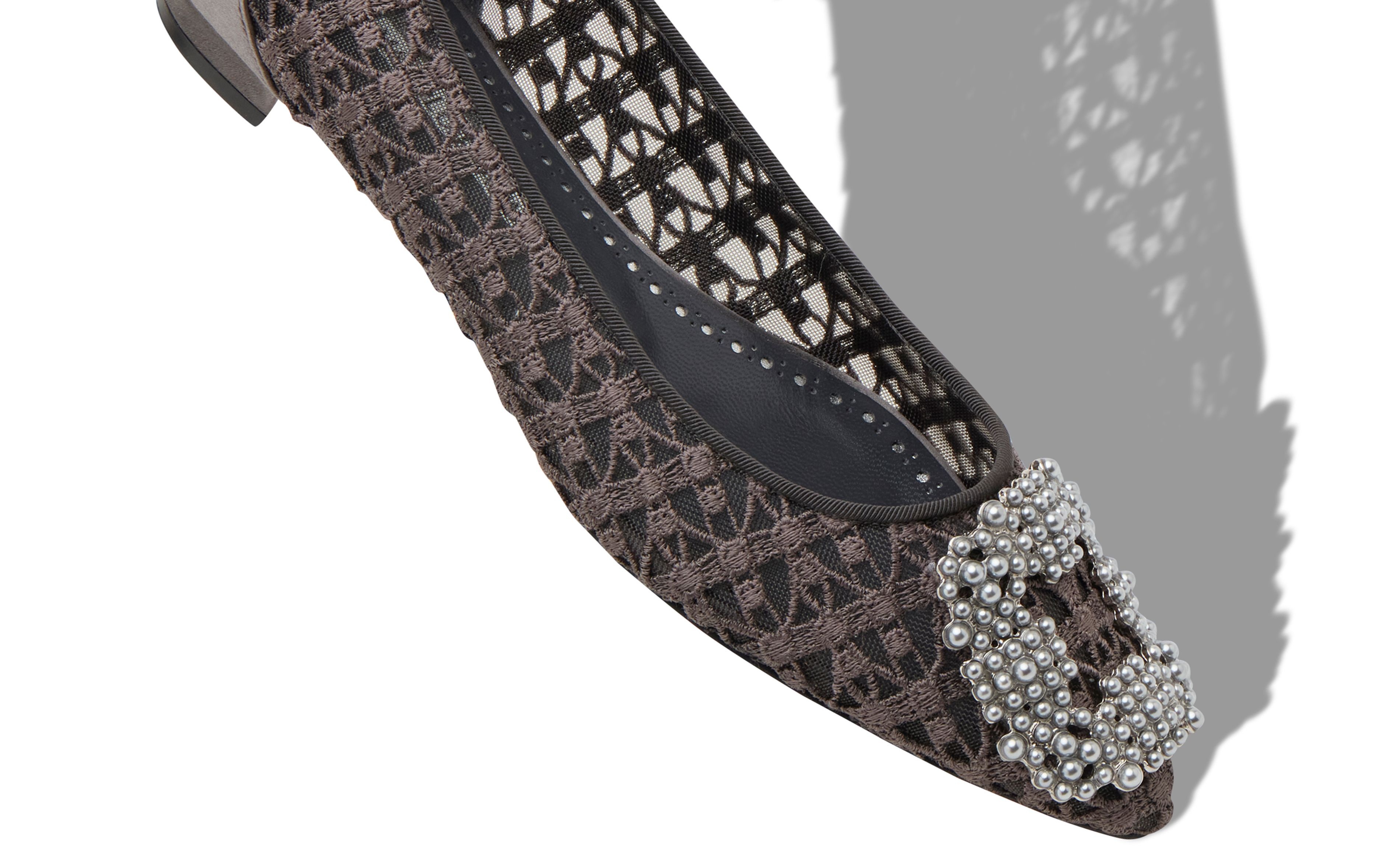 Dark Grey Lace Pearl Buckle Flat Shoes - 4
