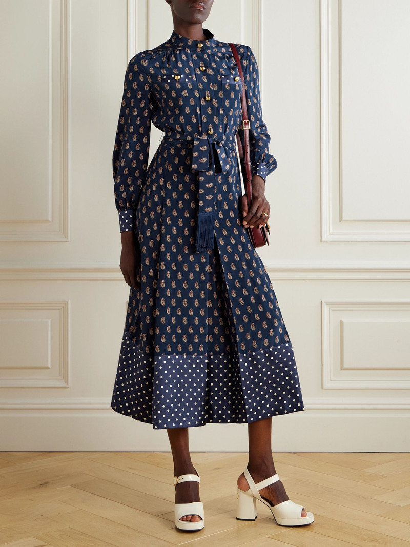 Valentino Fringed belted printed silk-satin midi shirt dress Navy outlook