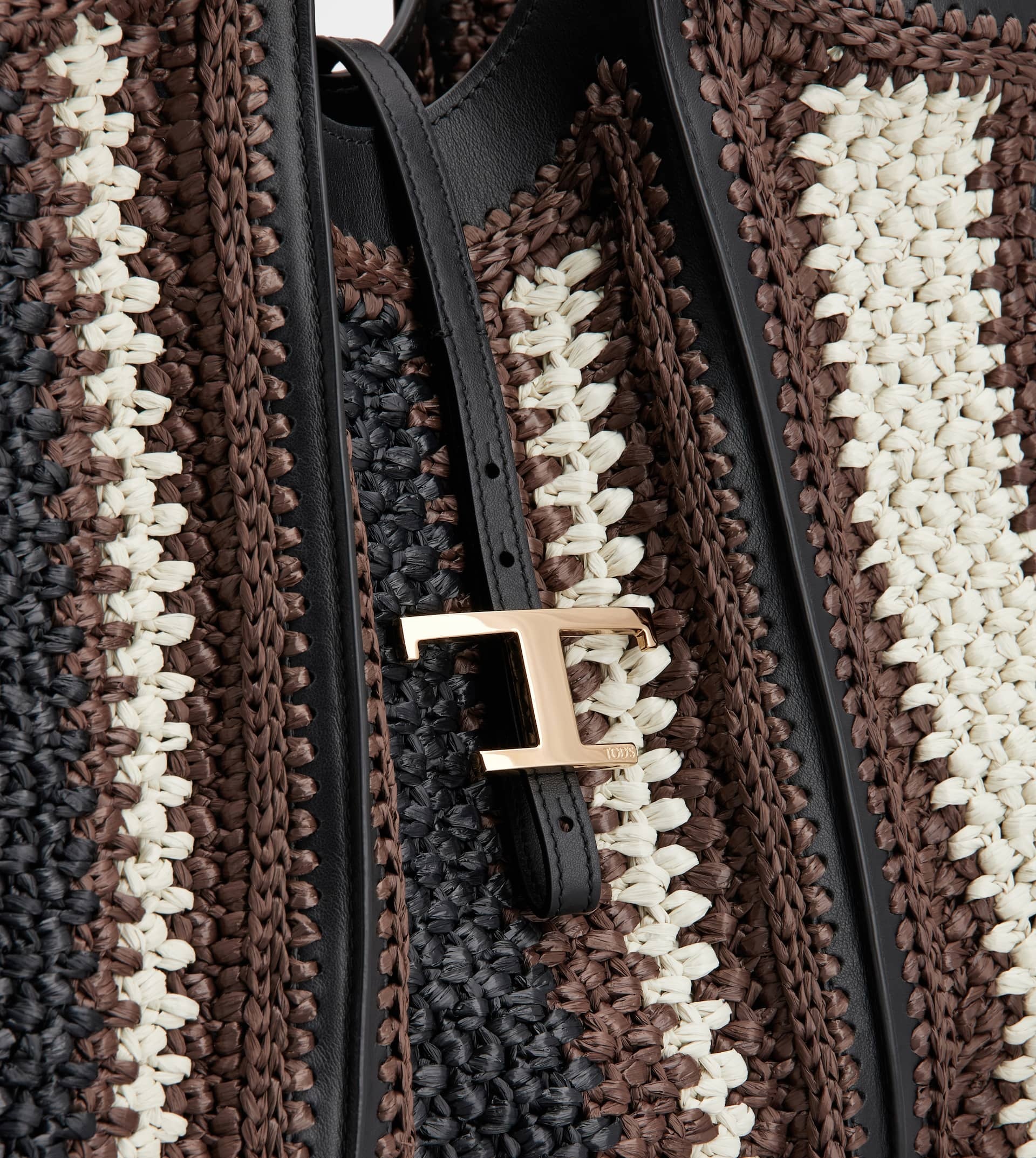 T TIMELESS SHOPPING BAG IN RAFFIA AND LEATHER MEDIUM - BLACK, BROWN, WHITE - 5