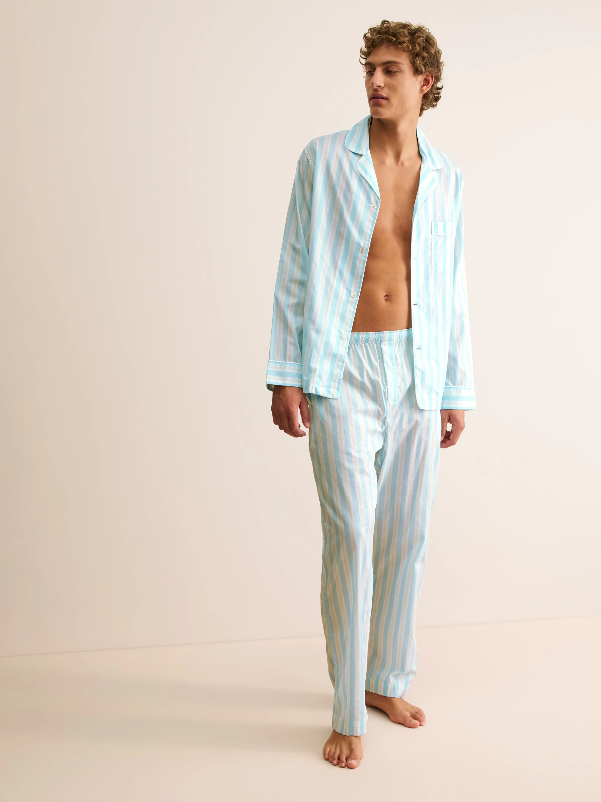 Men's Classic Fit Pajamas Amalfi Cotton Batiste Aqua Blue Stripe - 1