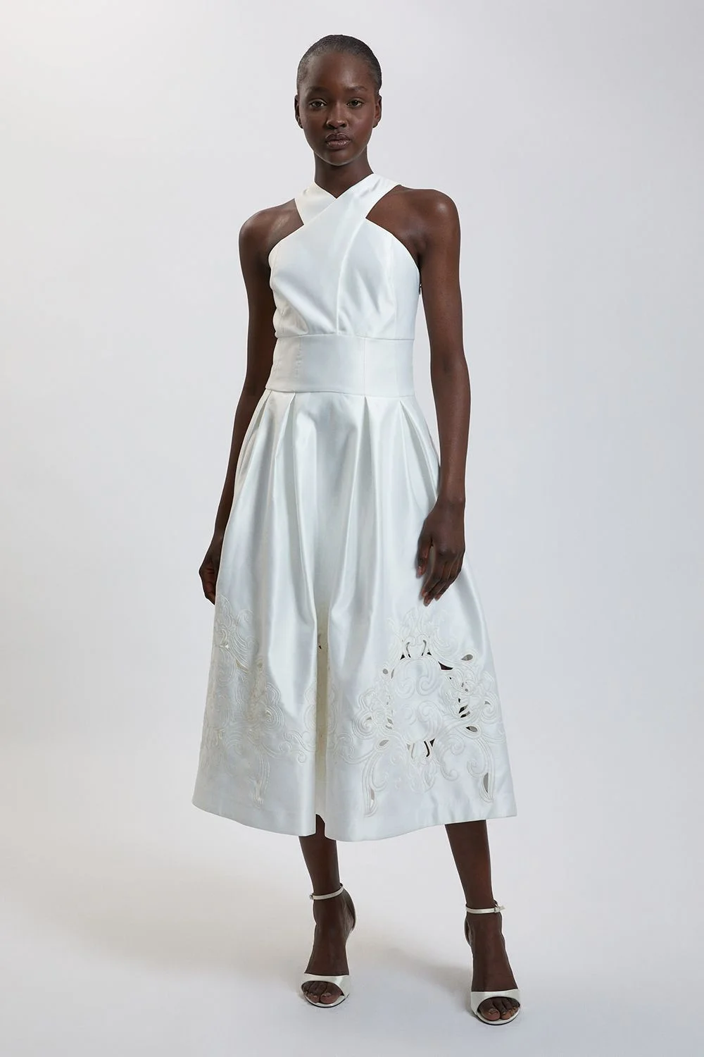 Tailored Satin Cutwork Halter Midi Dress - 1