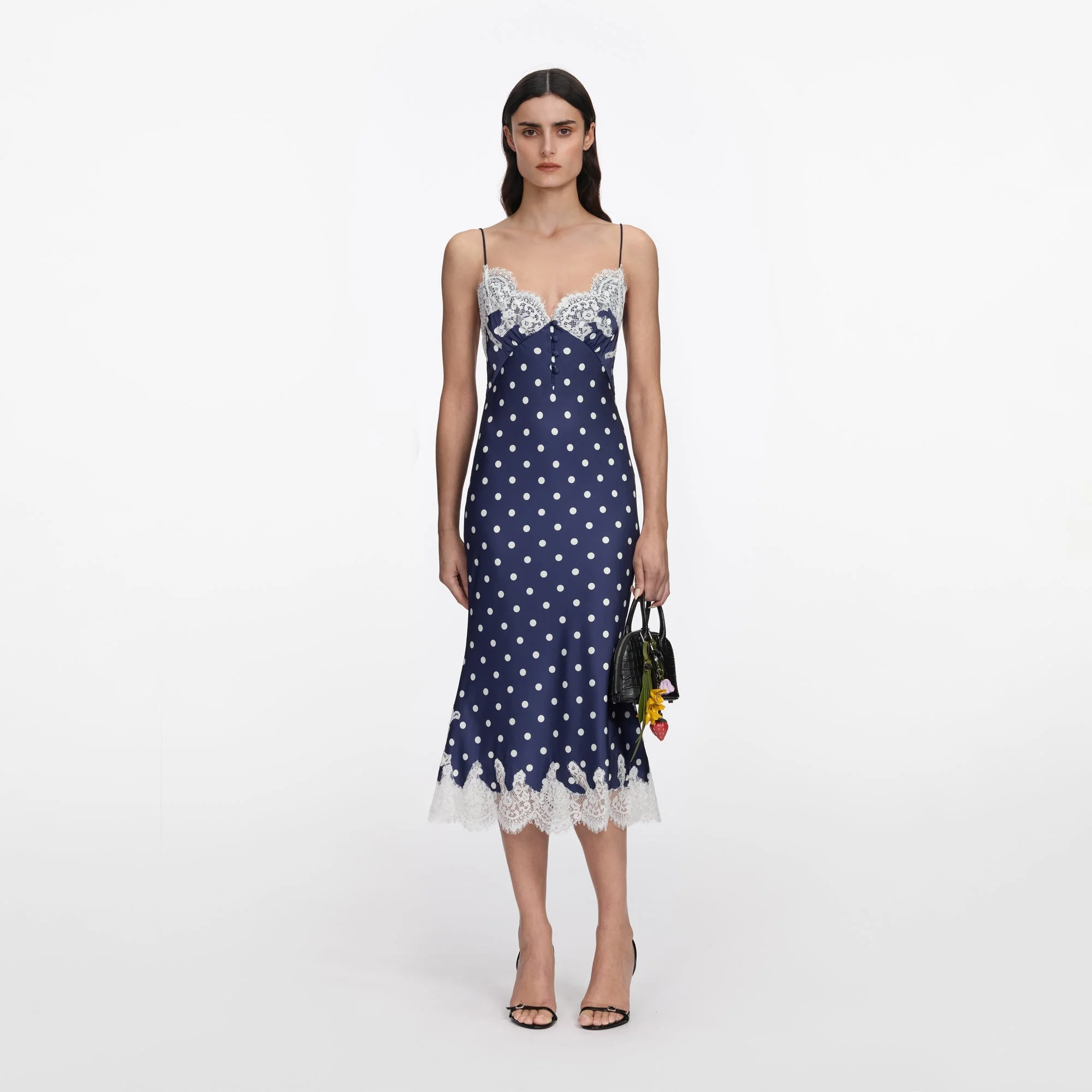 Navy Satin Polka Dot Midi Dress - 1