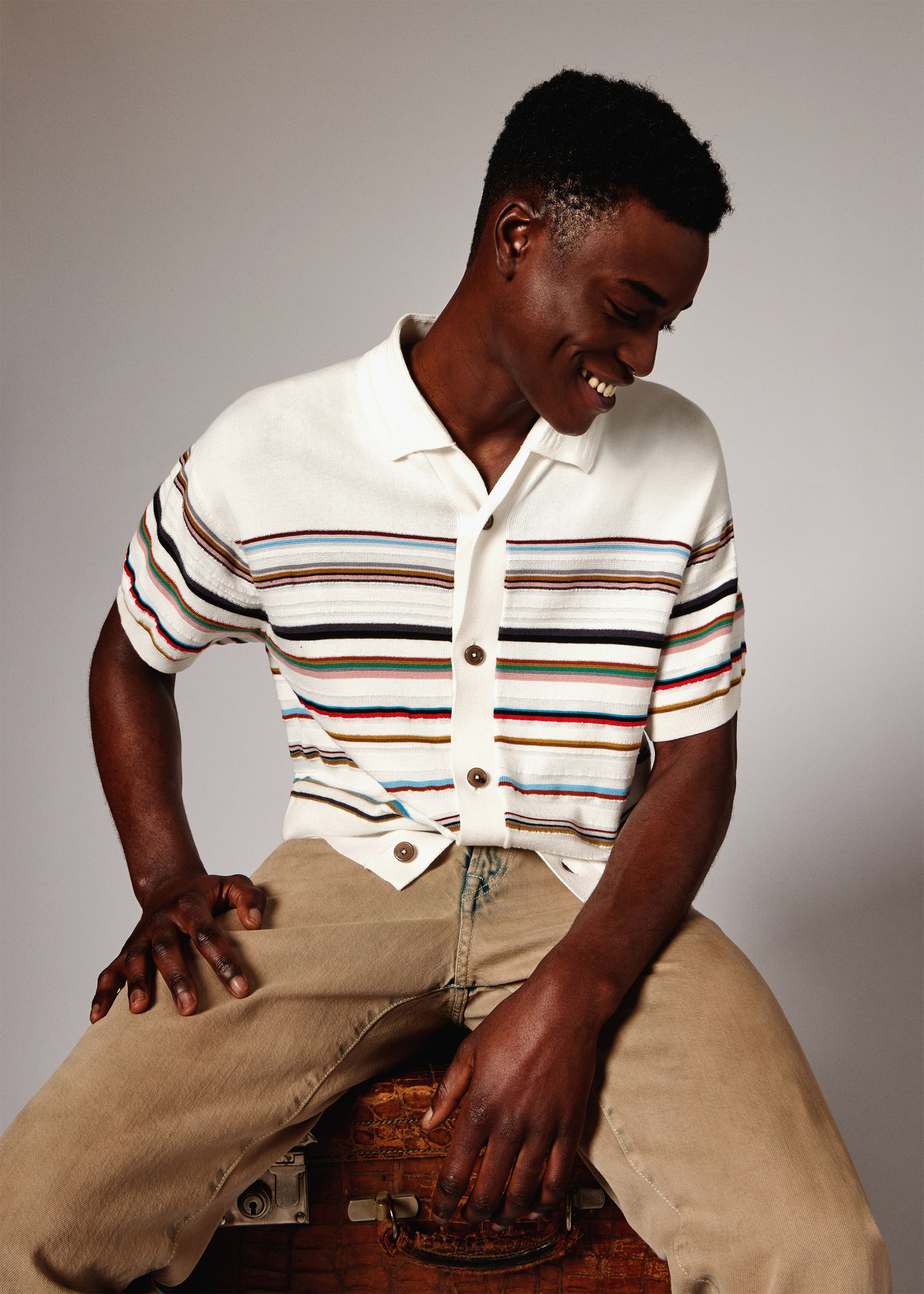 Ecru 'Signature Stripe' Knitted Cotton Short-Sleeve Shirt - 5