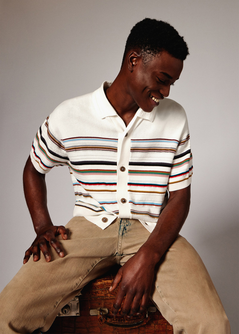 Ecru 'Signature Stripe' Knitted Cotton Short-Sleeve Shirt 5