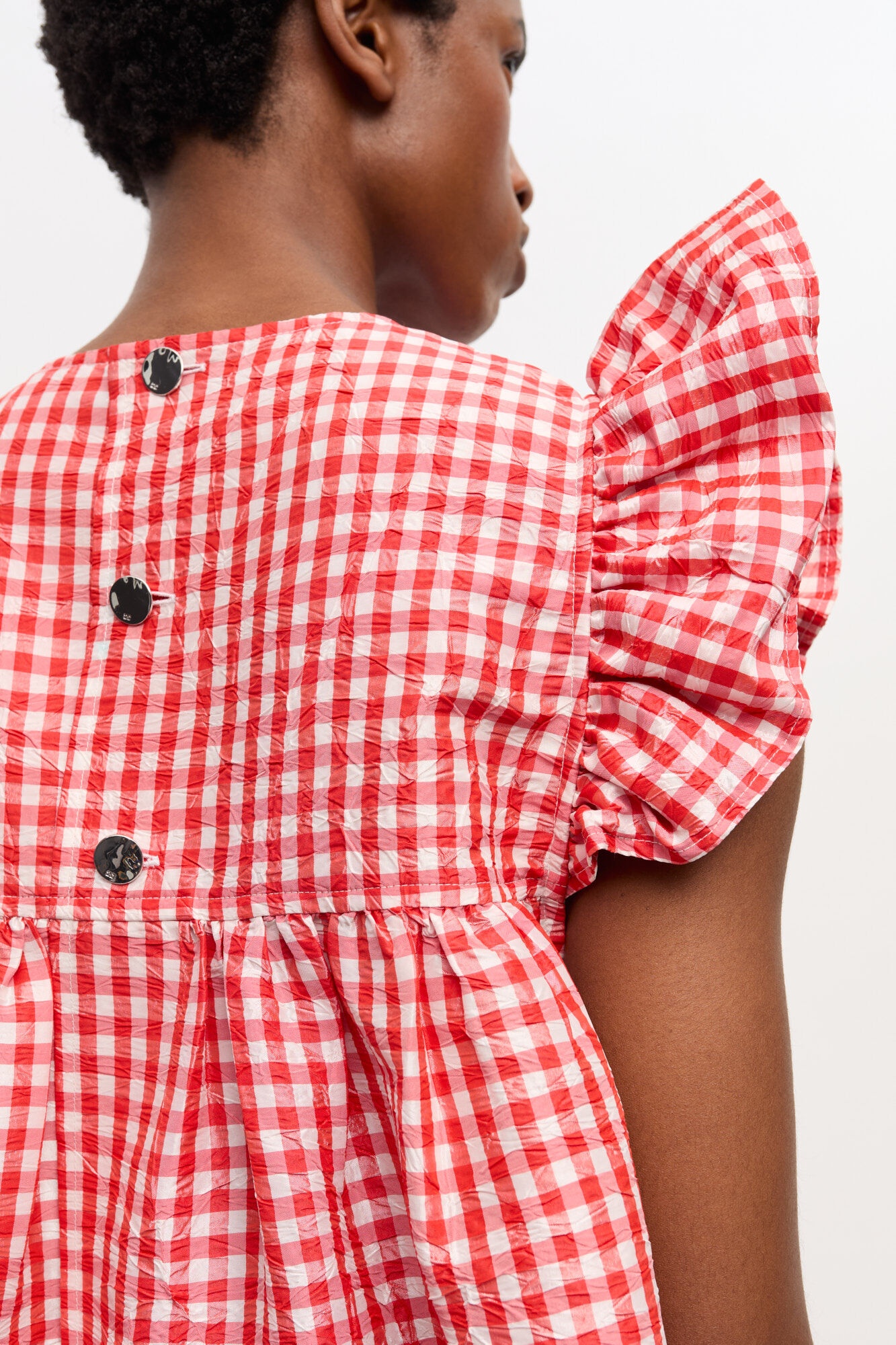 RED CRINKLED CHECK TAFFETA DRESS - 5