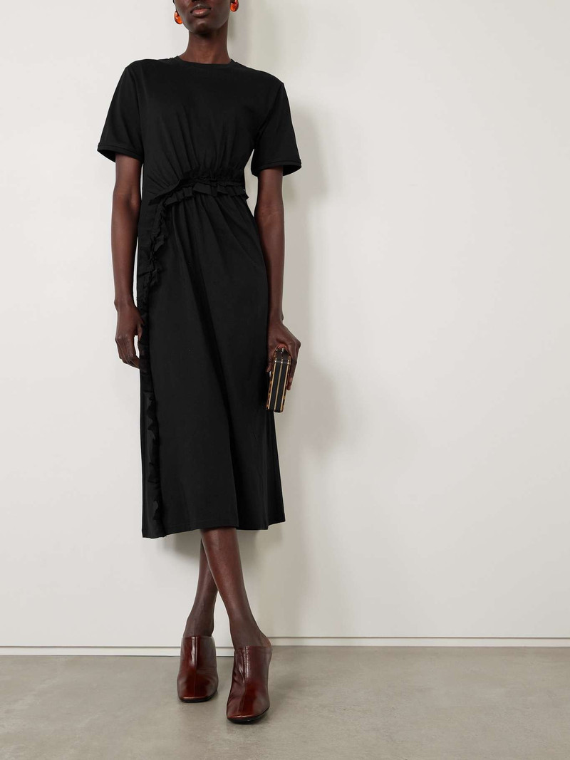 ULLA JOHNSON Lilia crepon-trimmed ruched organic cotton-jersey midi dress Black outlook