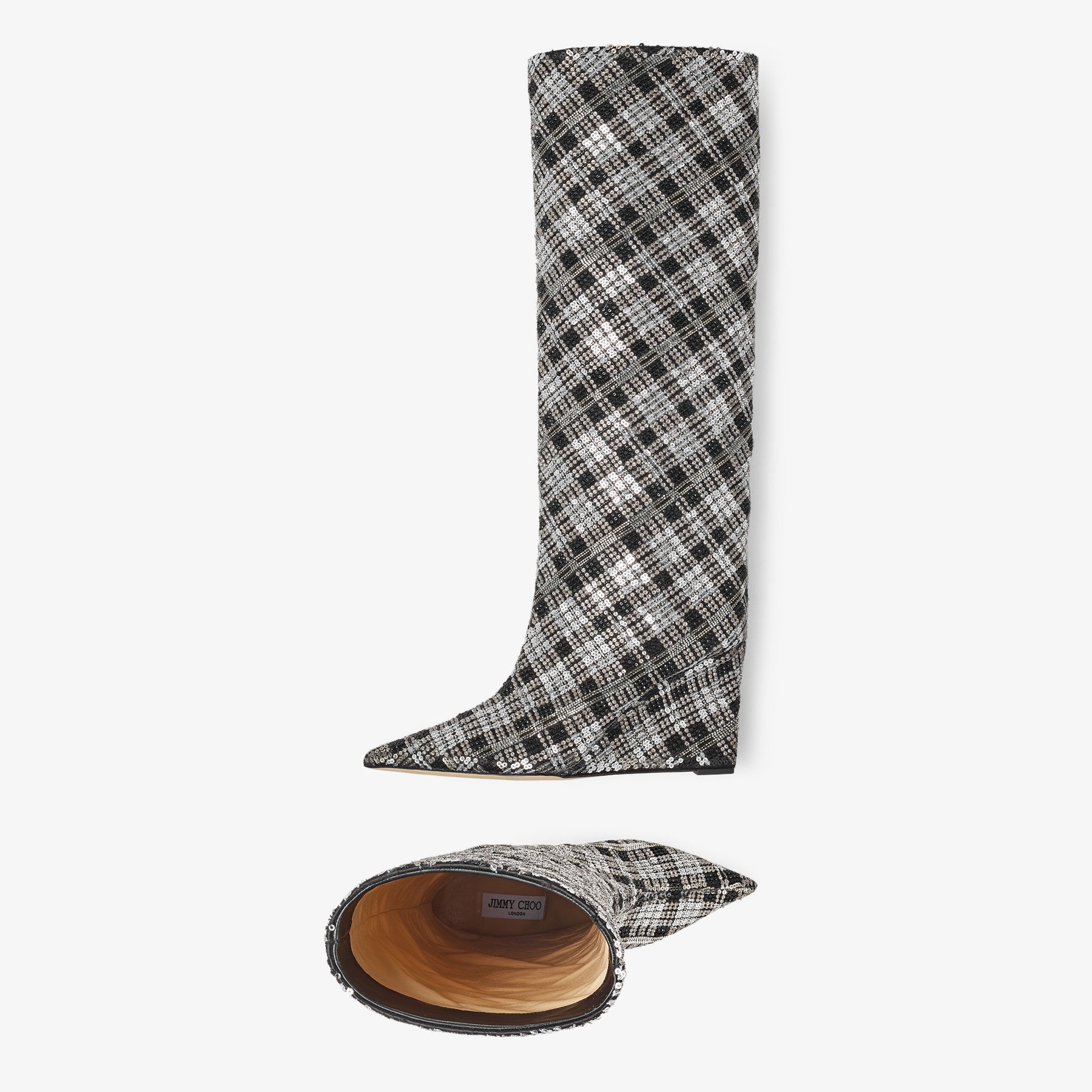 Blake Knee Boot 85
Black Satin Knee-High Boots with Beaded Tartan - 5