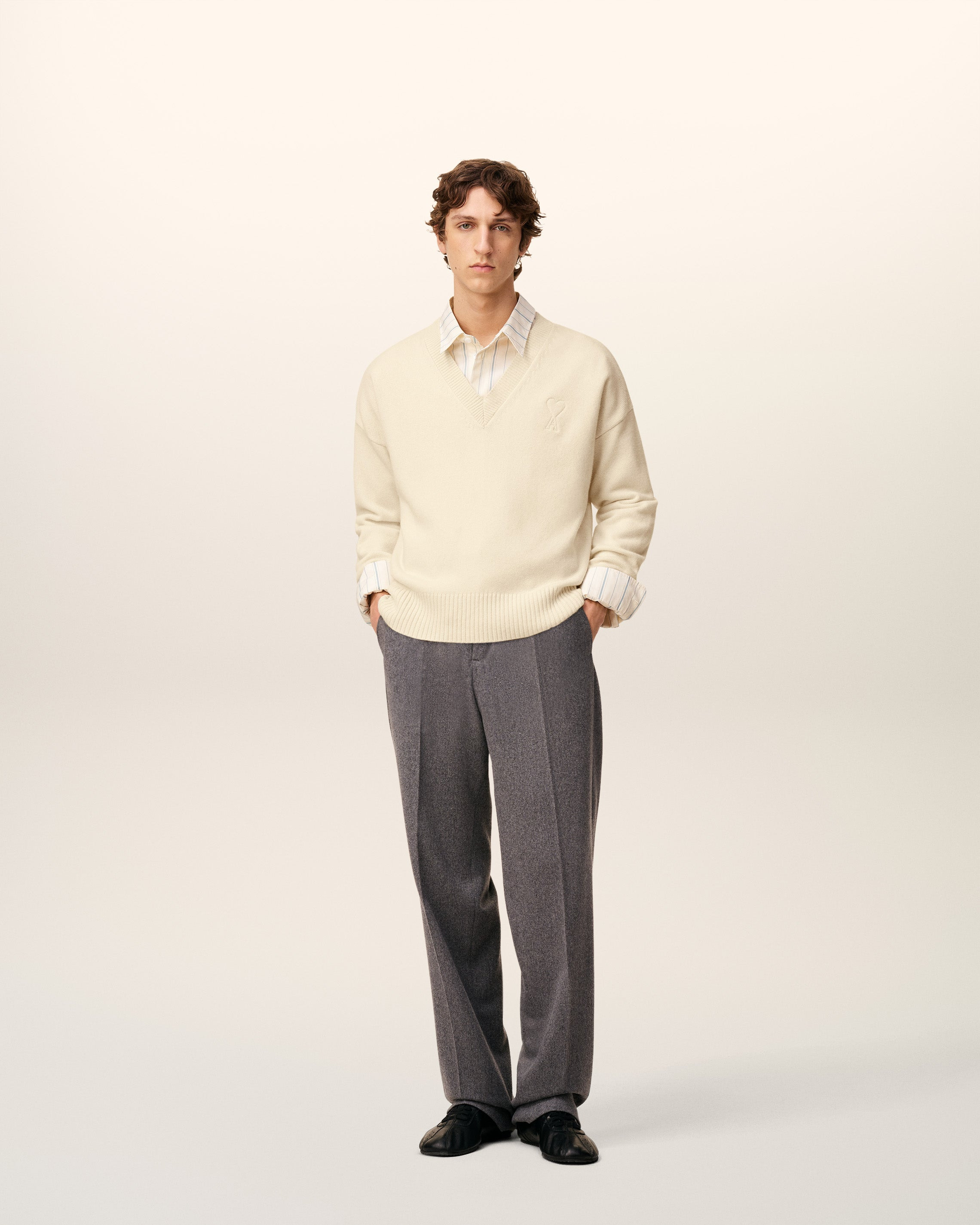WHITE WOOL AMI DE COEUR V NECK SWEATER - 2