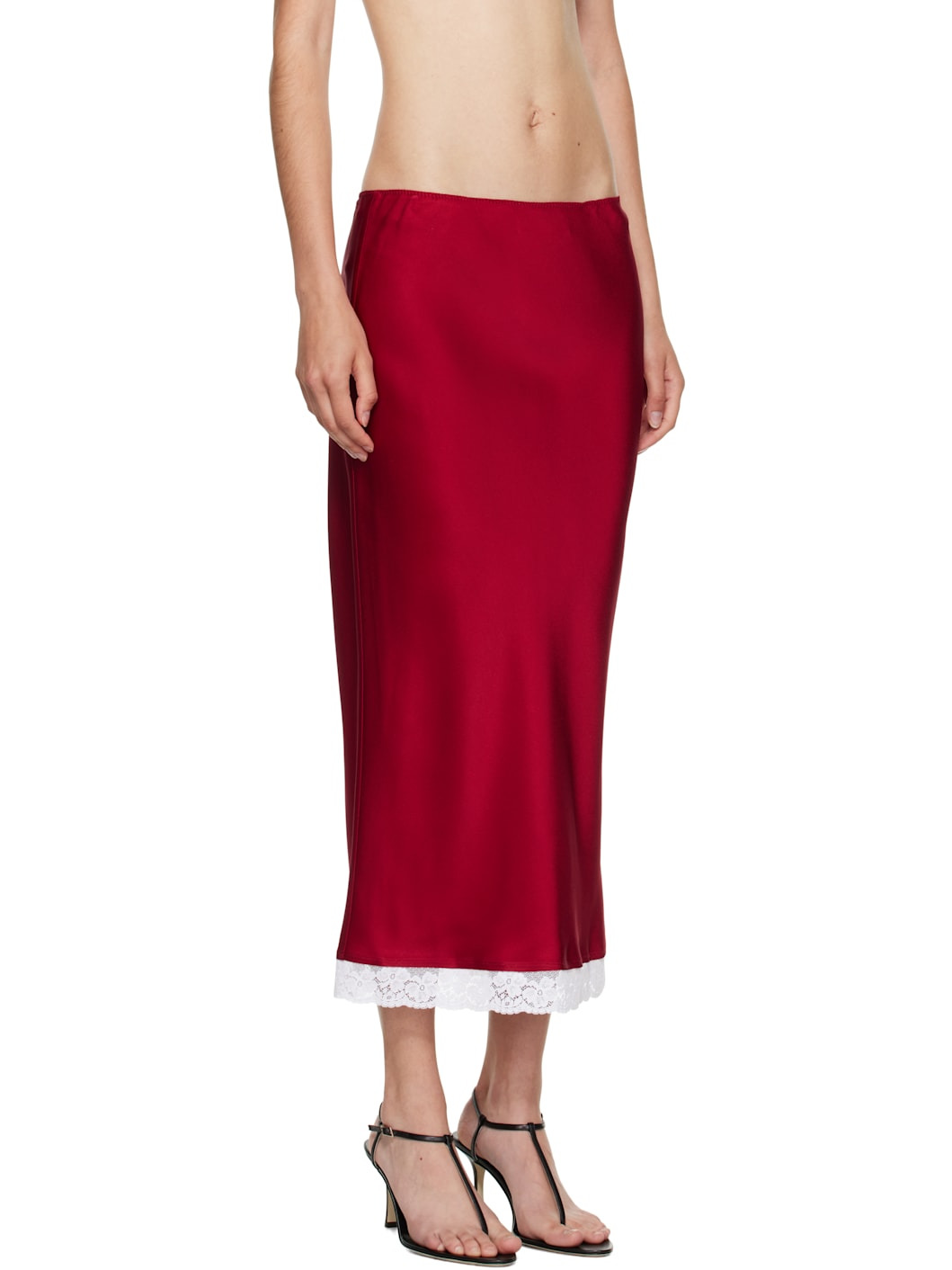 Red Lace Trim Slip Midi Skirt - 2
