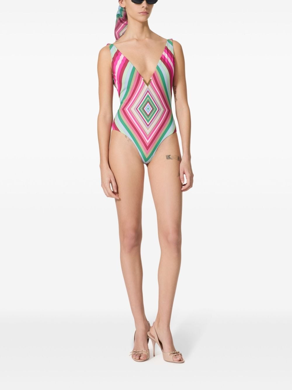 geometric-print V-neck swimsuit - 4