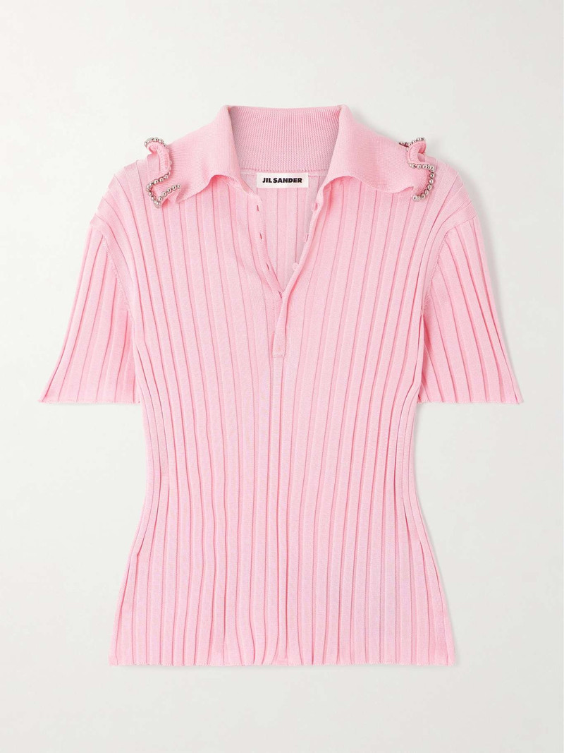 Bead-embellished ribbed-knit polo shirt Pink 1