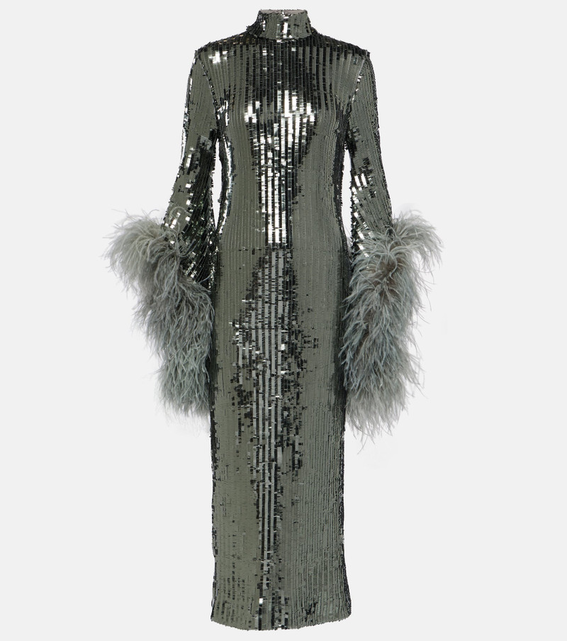 Del Rio feather-trimmed sequined midi dress 1