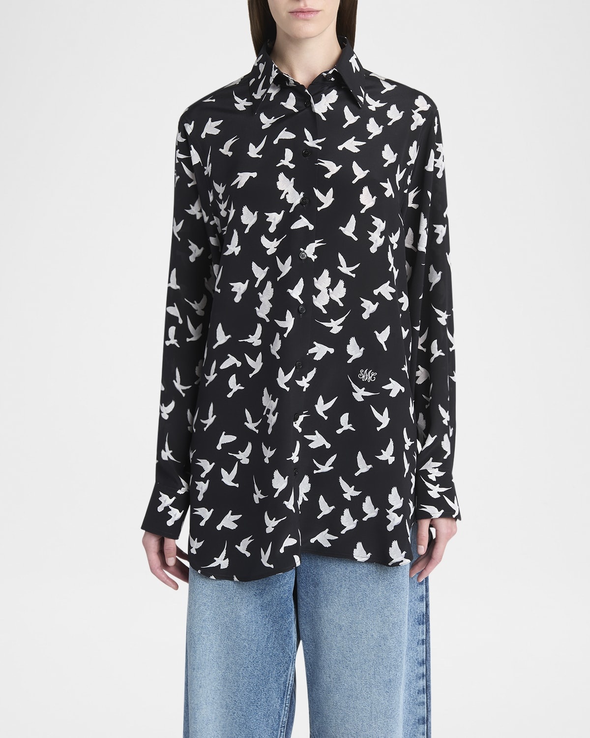 Flying Bird Silk Oversized Button-Down Shirt - 5