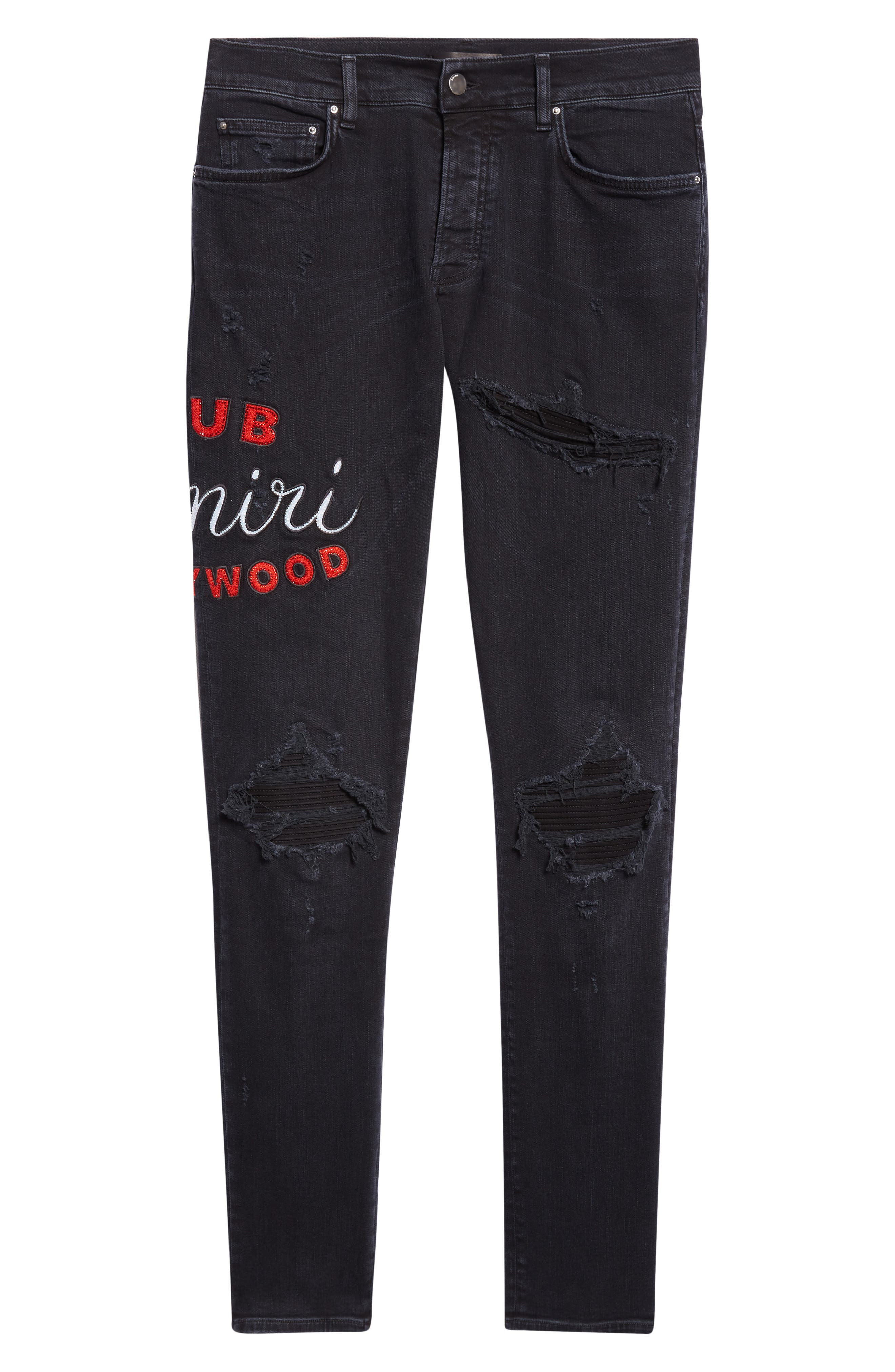 MX1 Crystal Embellished Club Amiri Appliqué Rip & Repair Skinny Jeans in Dusk Black at Nordstrom - 1