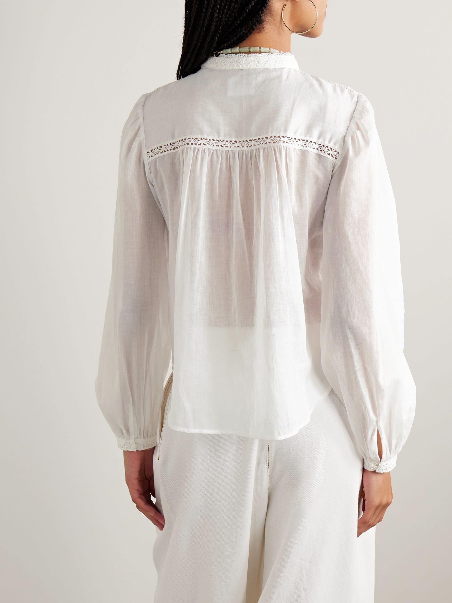 Greicy guipure lace-trimmed pintucked cotton-voile shirt White - 4