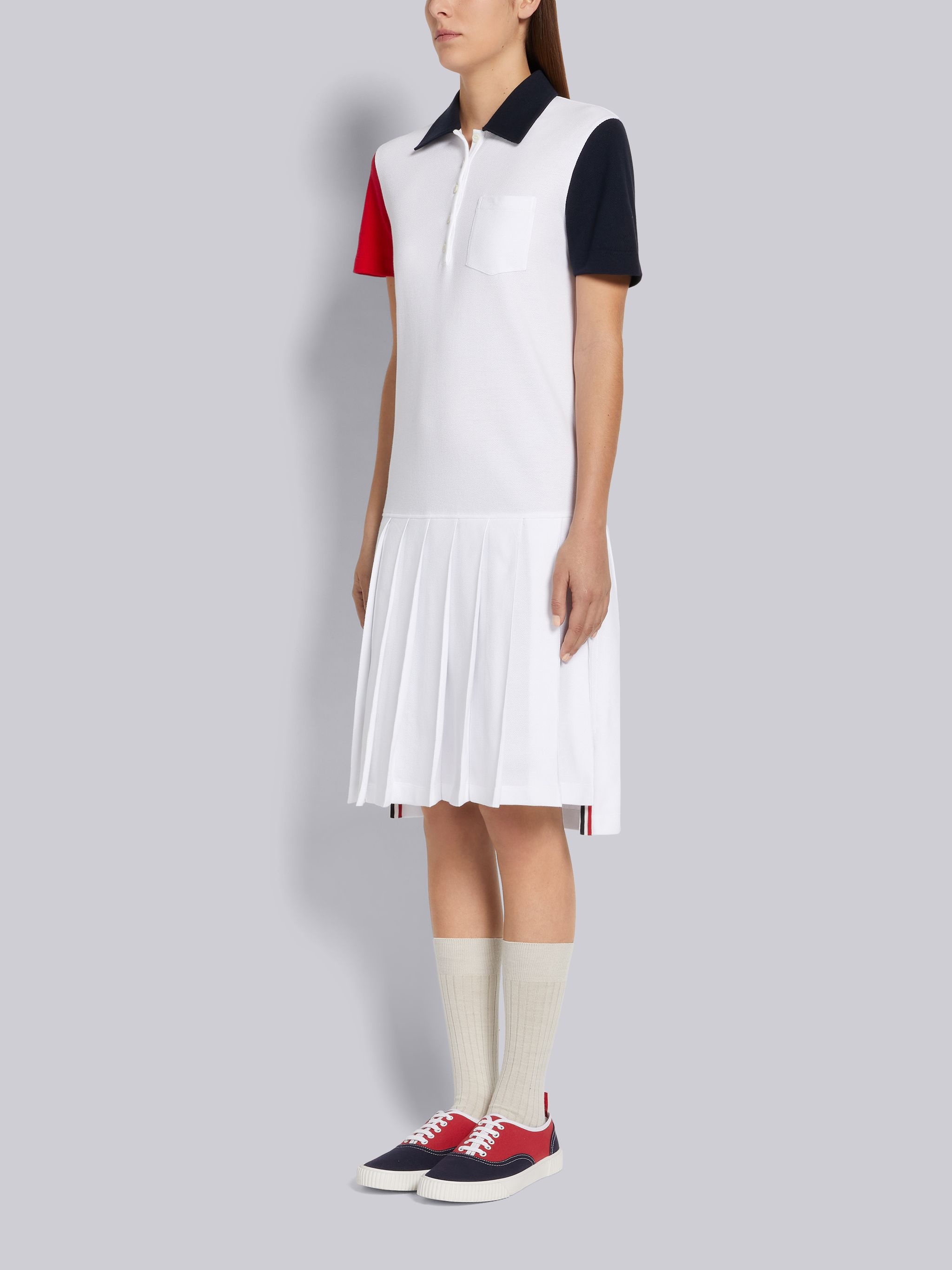 Multicolor Fun-Mix Classic Pique Short Sleeve Knee Length Pleated Polo Dress - 2
