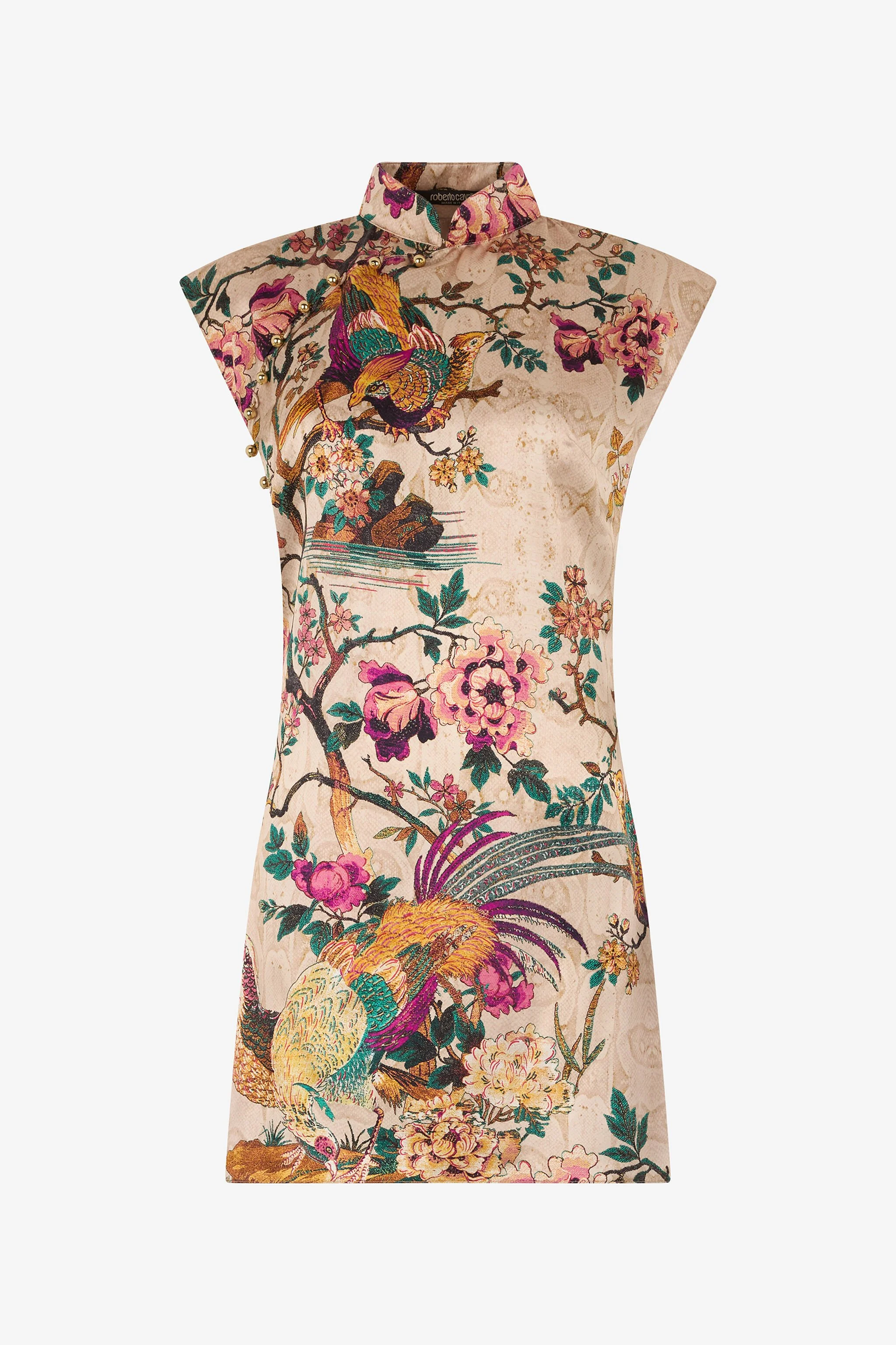 Oriental Bird Print Silk Mini Dress - 1