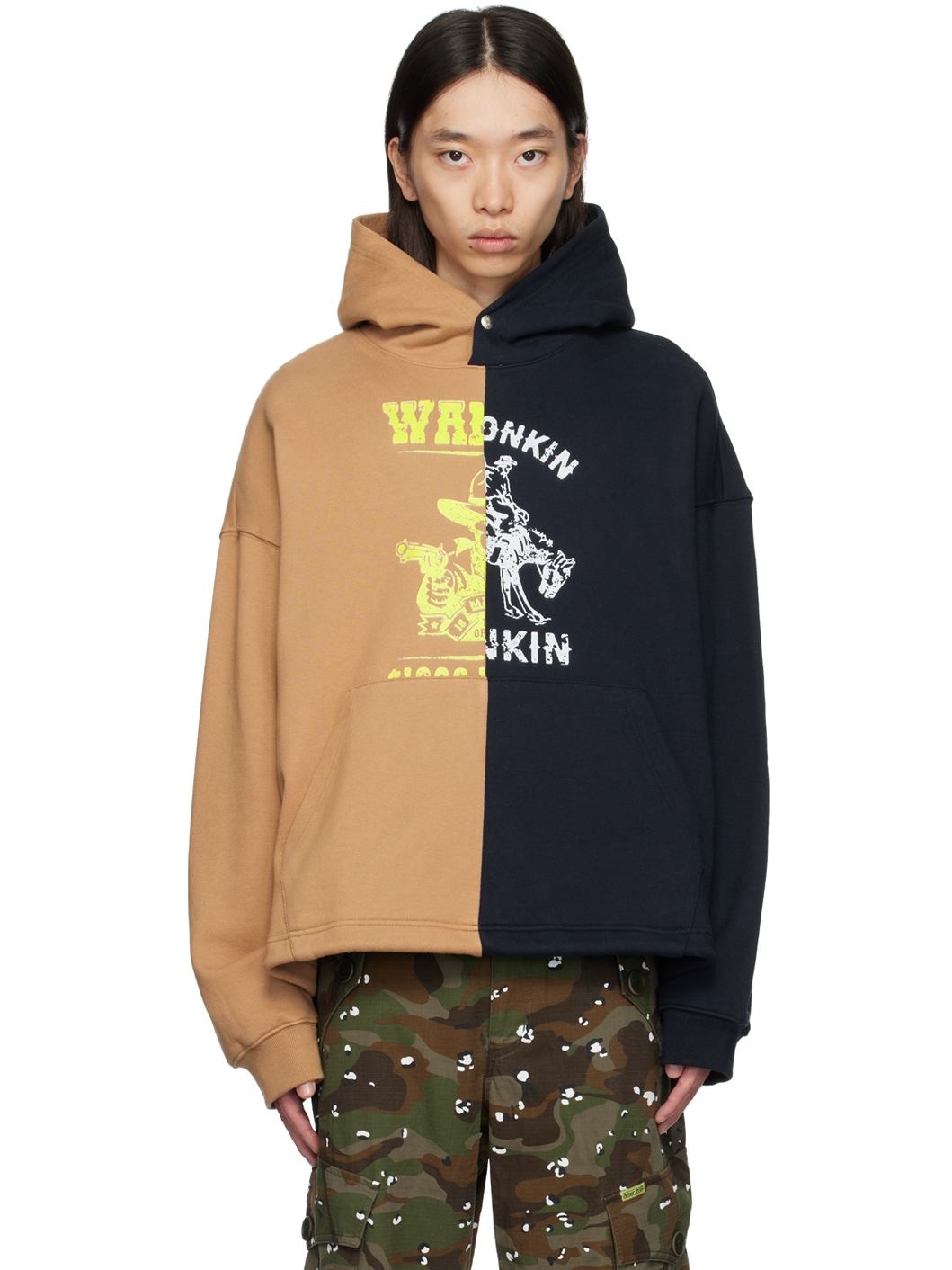 Beige & Navy Opposition Half Panel Hoodie - 1