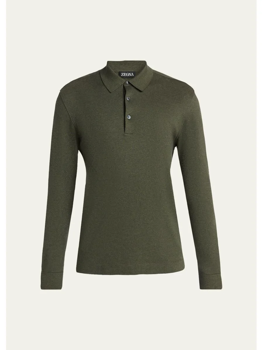 Men's Cotton Long-Sleeve Polo Shirt - 1