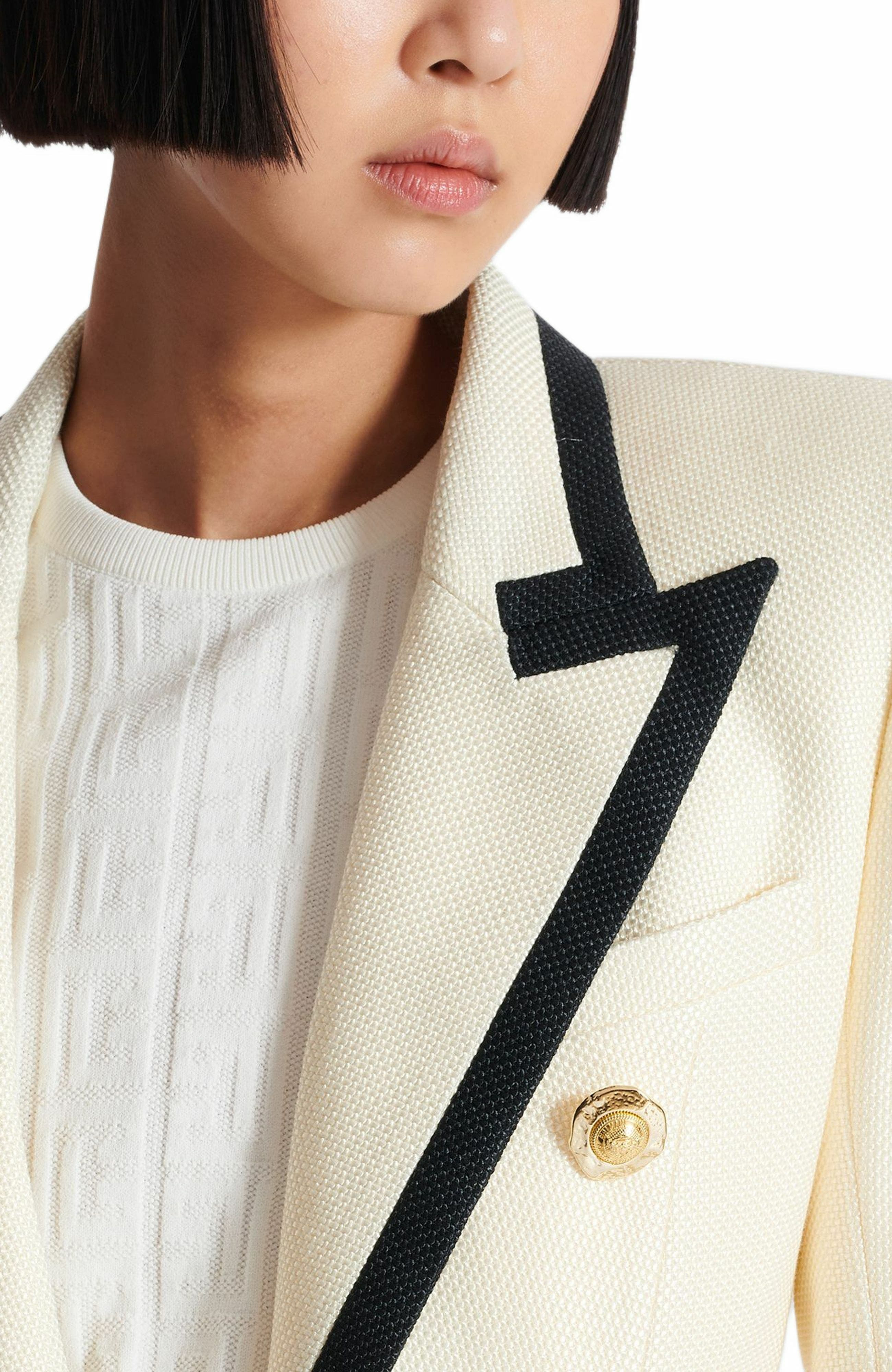 Balmain Fitted Two-Tone Basketweave Jacket in Beige at Nordstrom - 7