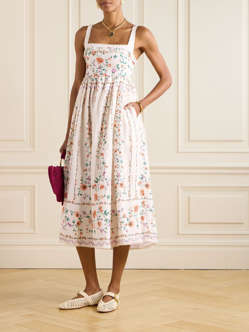 Agua by Agua Bendita Barbara pleated bead-embellished floral-print linen midi dress White outlook