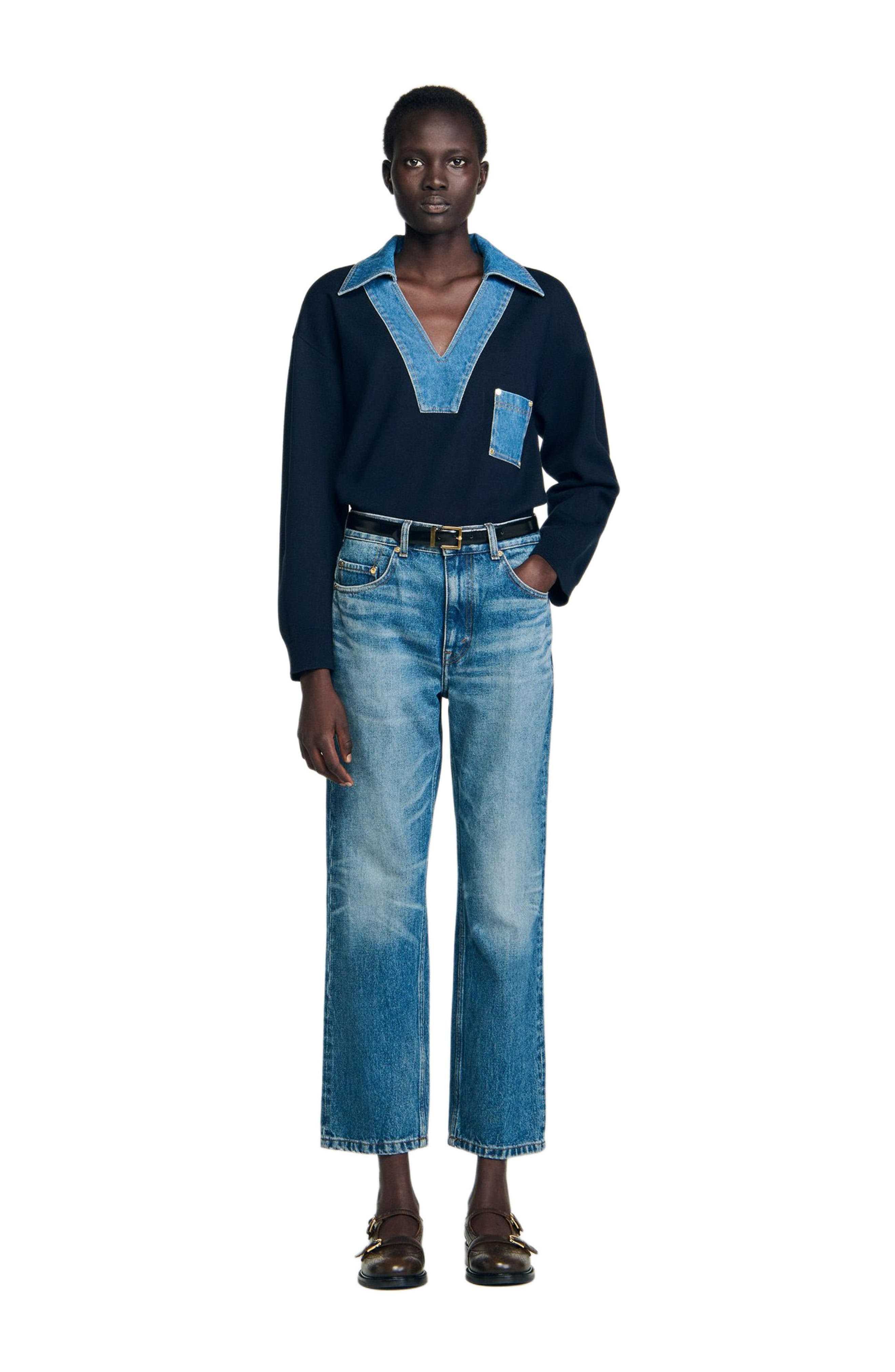SANDRO Sweater with denim details in Navy Blue at Nordstrom - 6