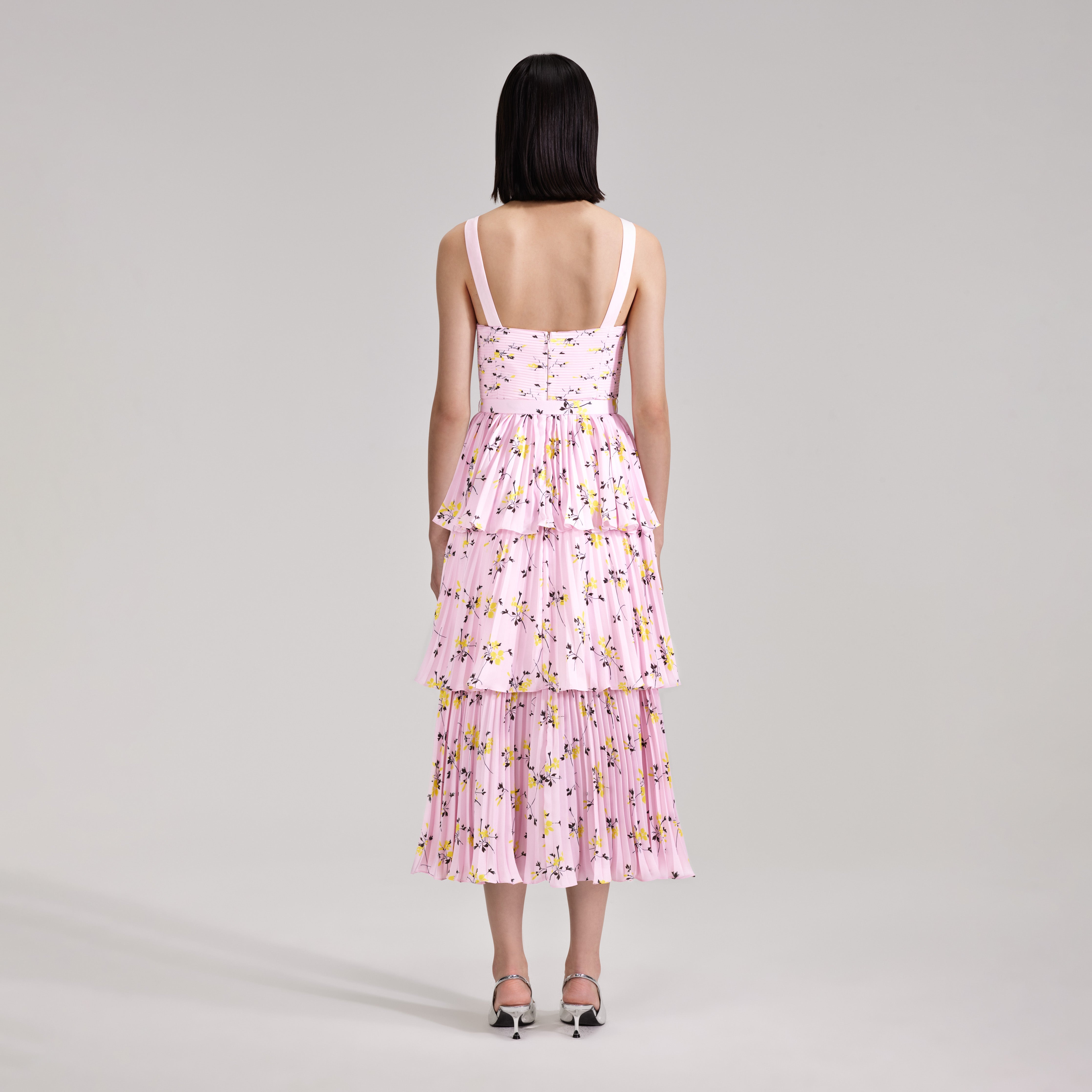 Pink Floral Print Tiered Midi Dress - 3