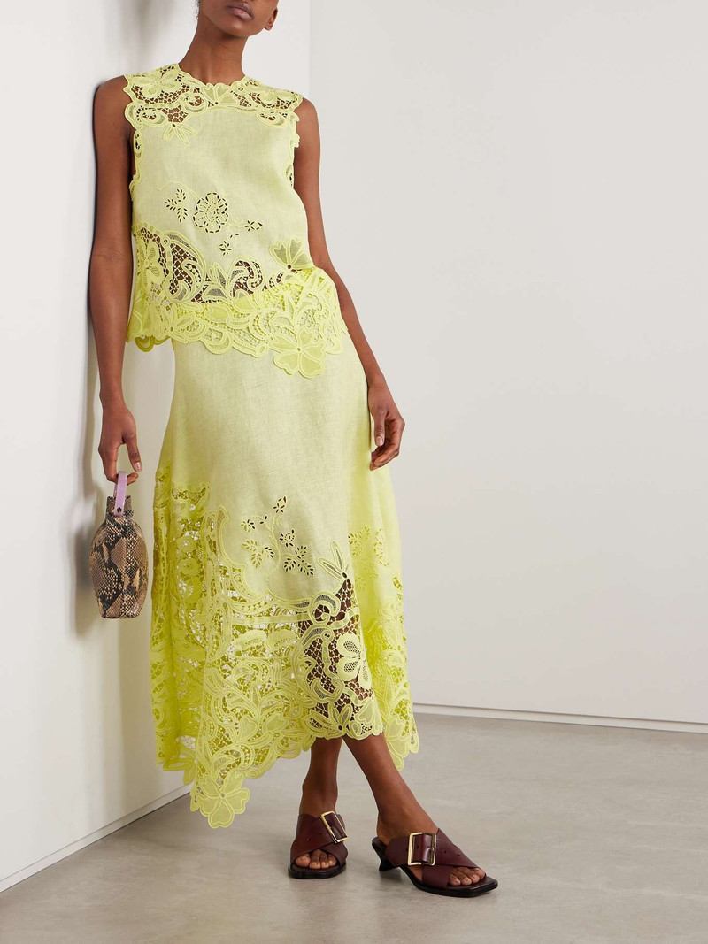 ULLA JOHNSON Rae guipure lace-paneled linen midi skirt Chartreuse outlook