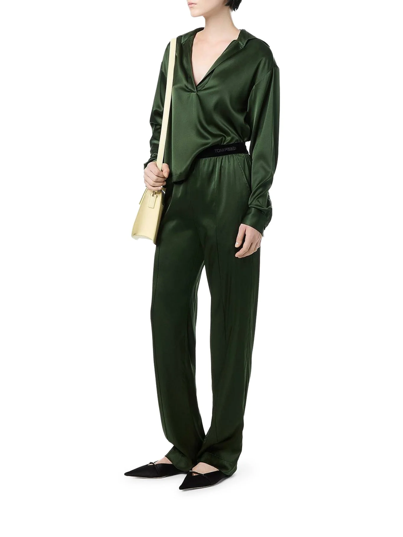 GREEN STRETCH SILK SATIN TROUSERS - 1