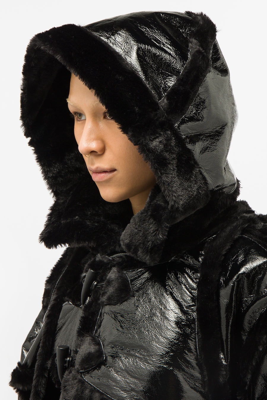 Faux Shearling Wrap Coat in Black - 4