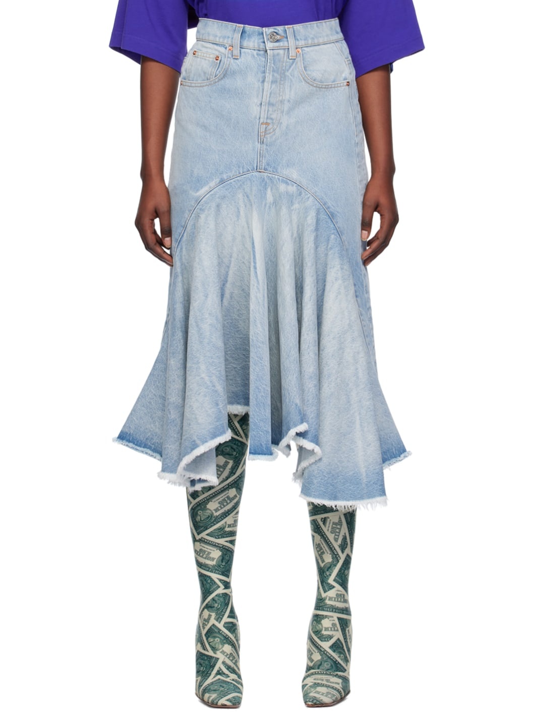 Blue Flared Denim Midi Skirt - 1