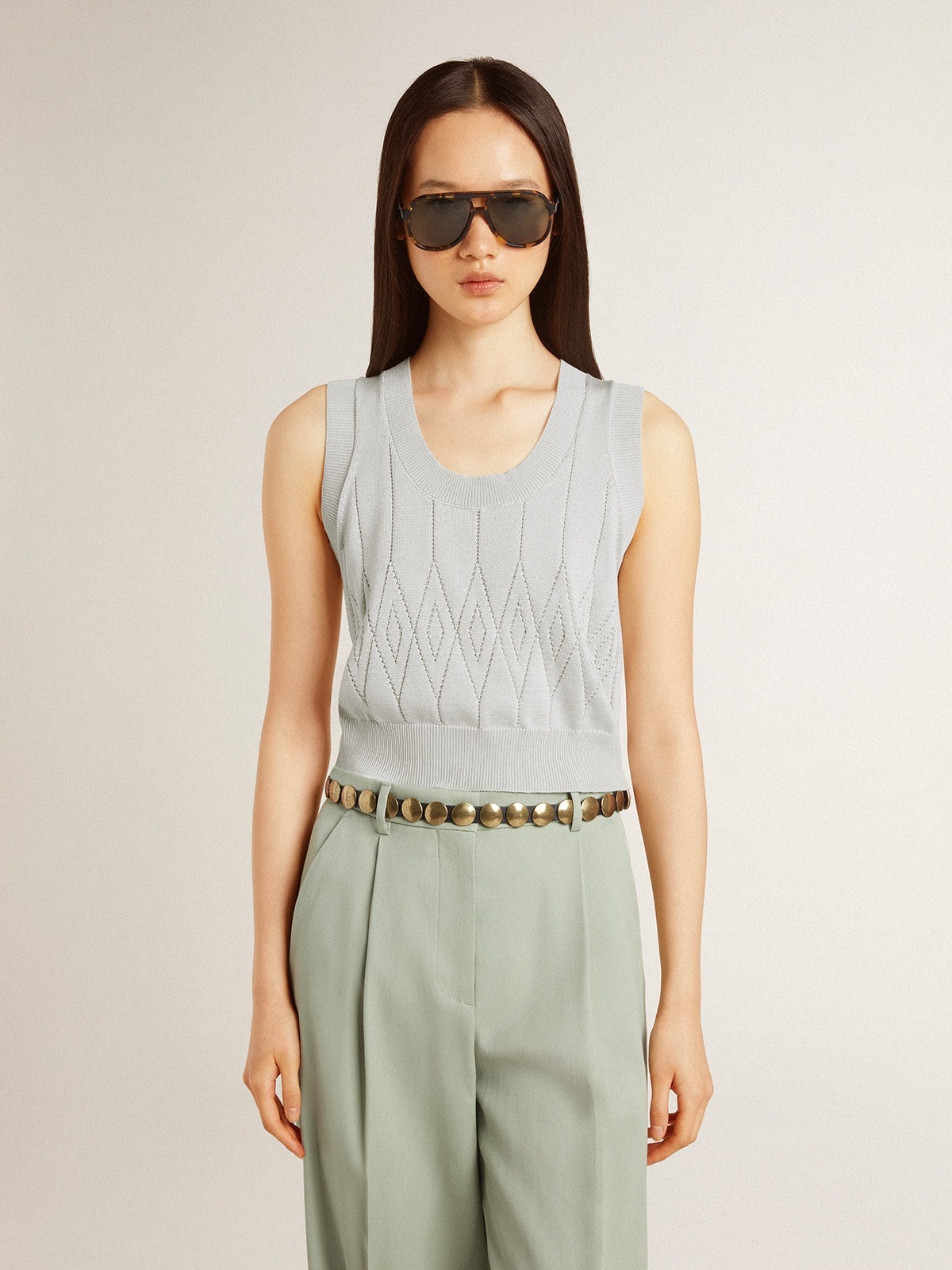 Women's sleeveless tank top in baby blue knit - 2