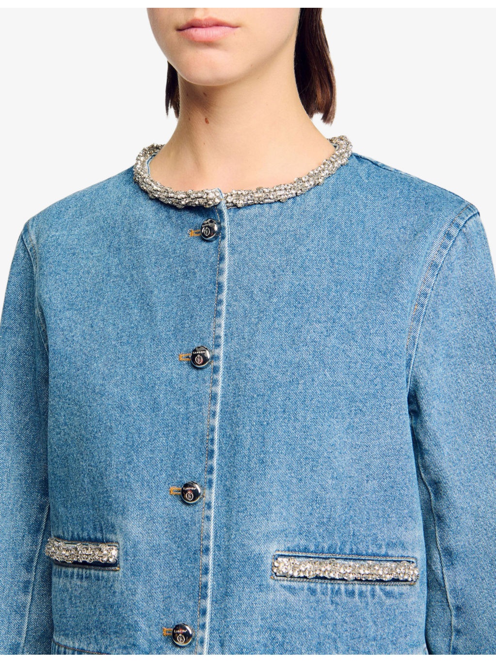 Rhinestone-Embellished Round-Neck Denim Jacket - 5