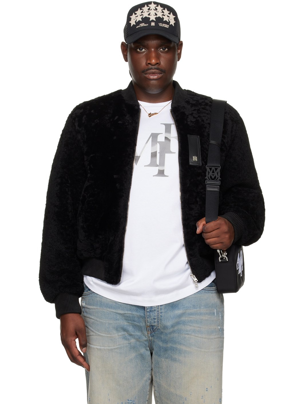 Black Zip Front Shearling Bomber Jacket - 1