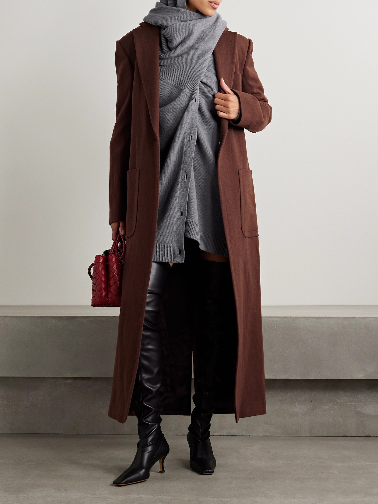 Oversized Scarf-detailed Gathered Wool Cardigan - 2