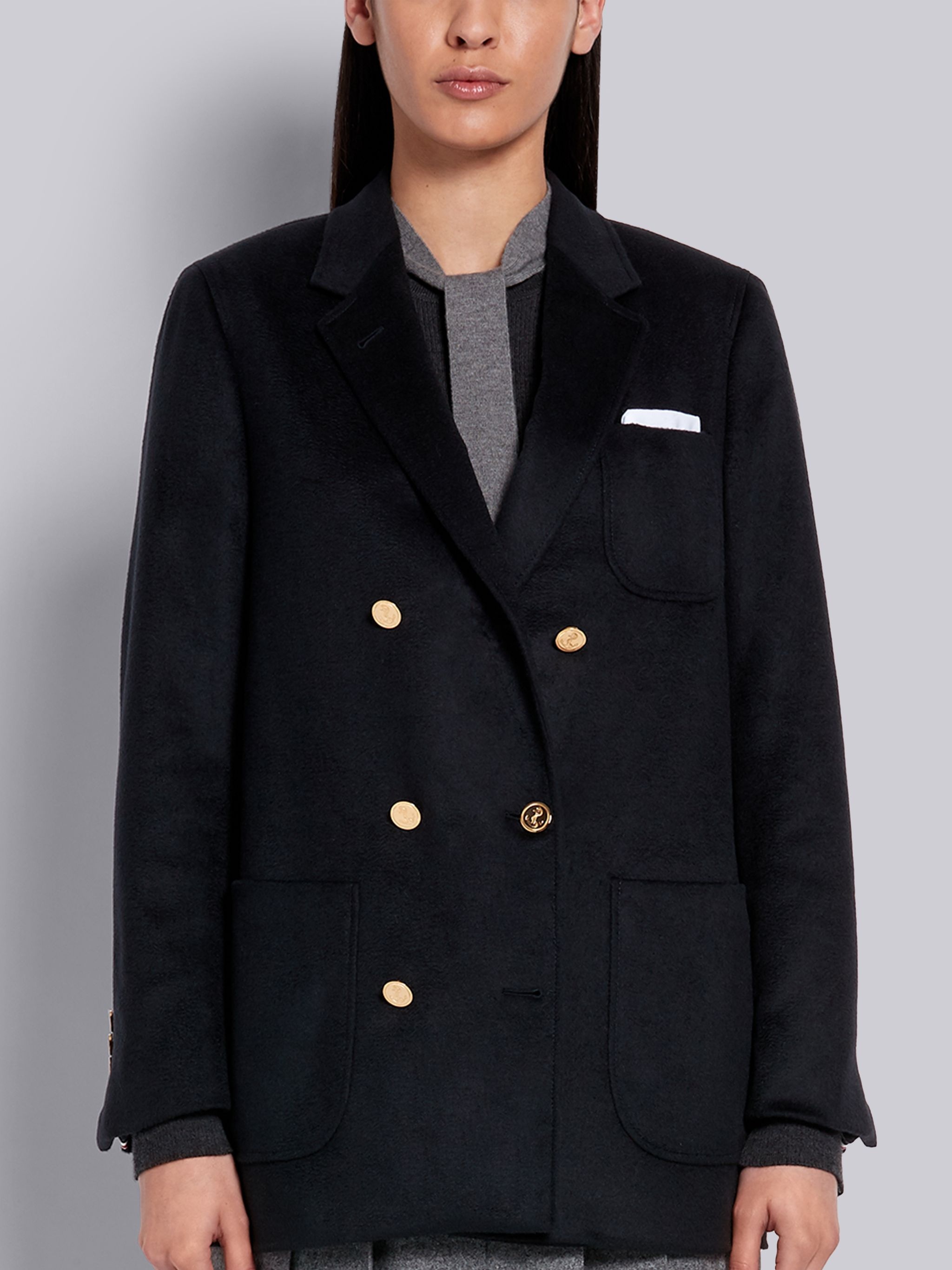 Navy Cashmere Zibeline Double Breasted Sack Jacket - 1