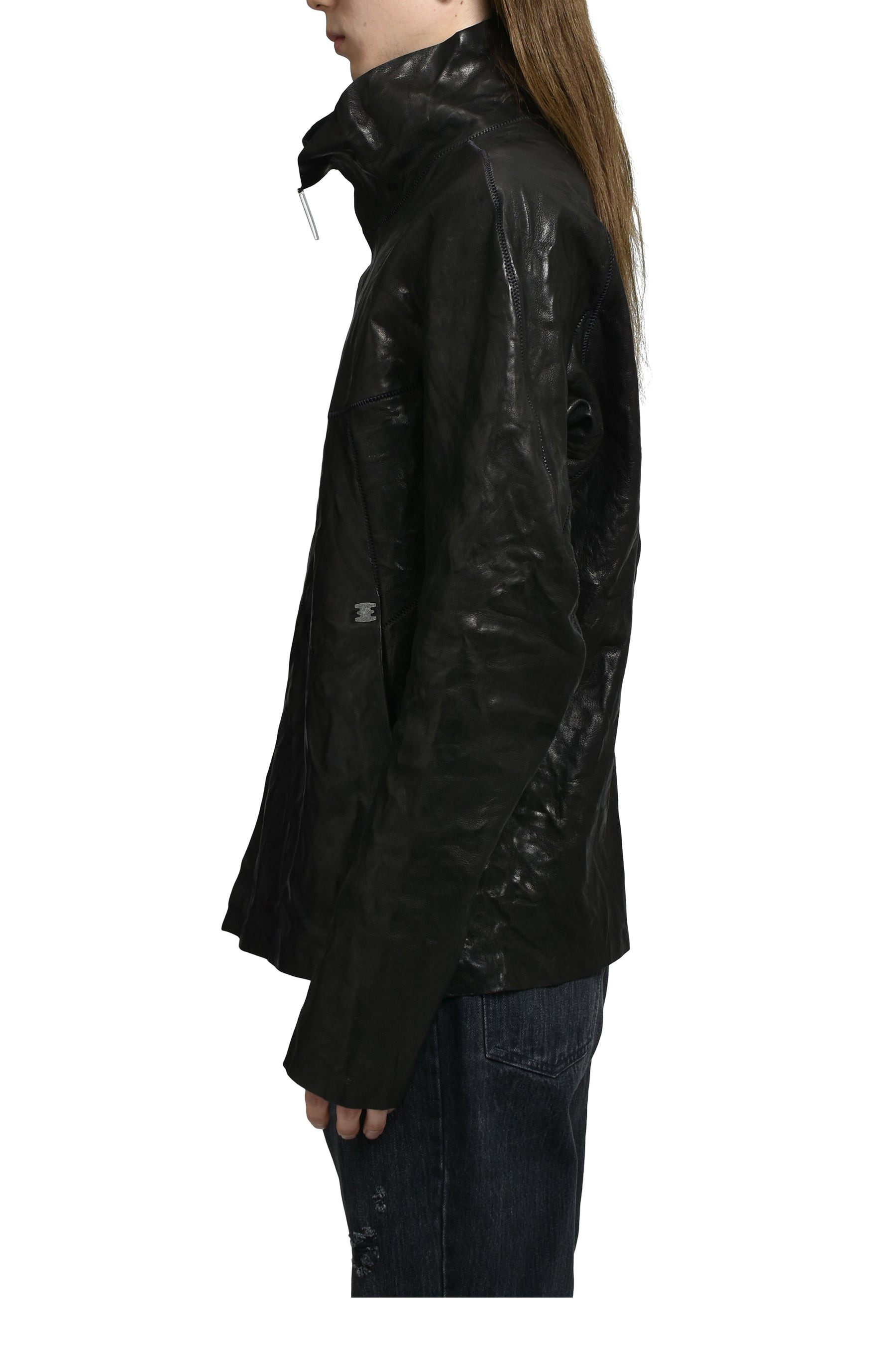 "HUMANOID" HIGH NECK LEATHER JACKET / BLK - 3