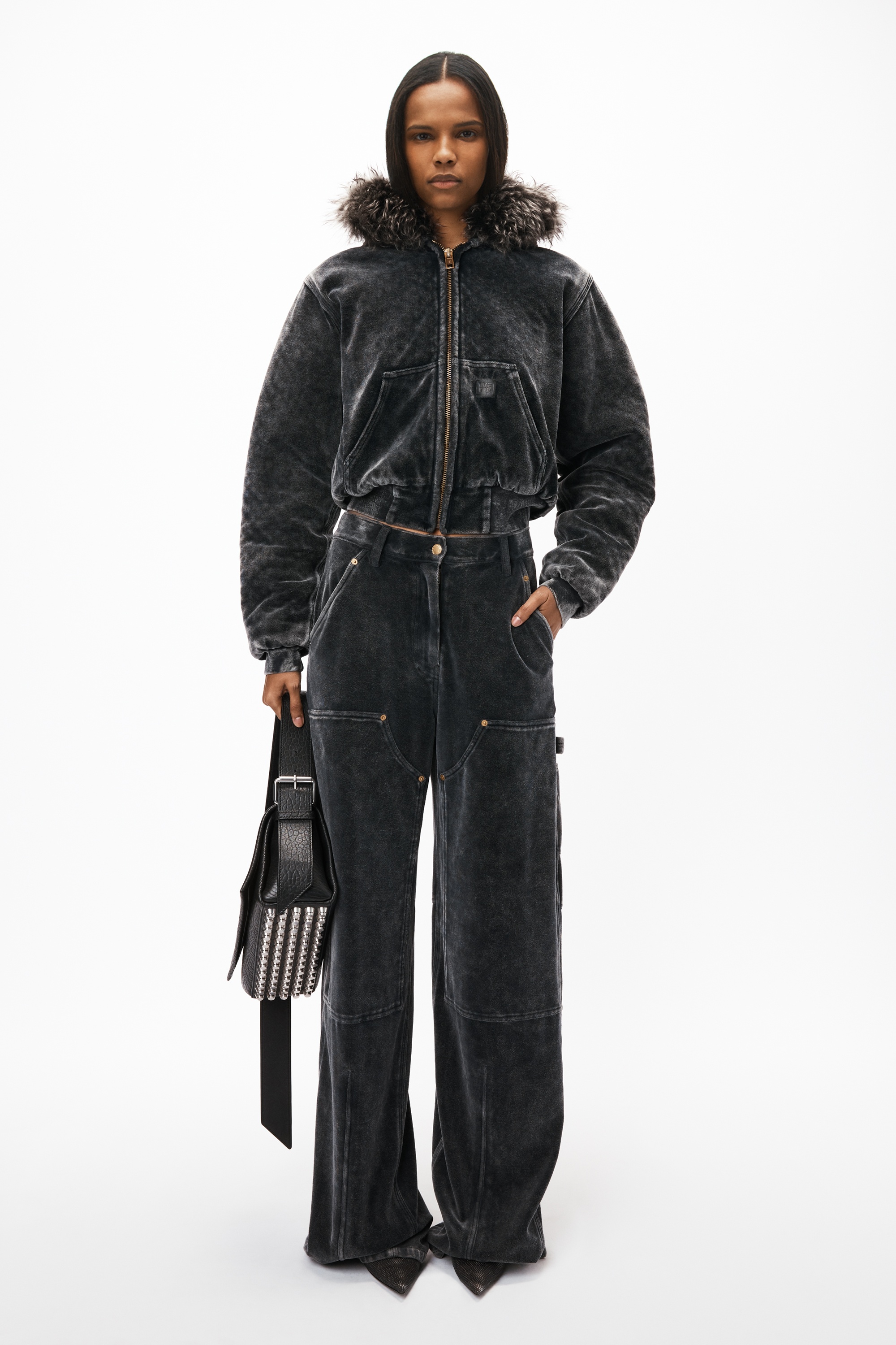 zip-up hoodie in velour with shearling hood - 2