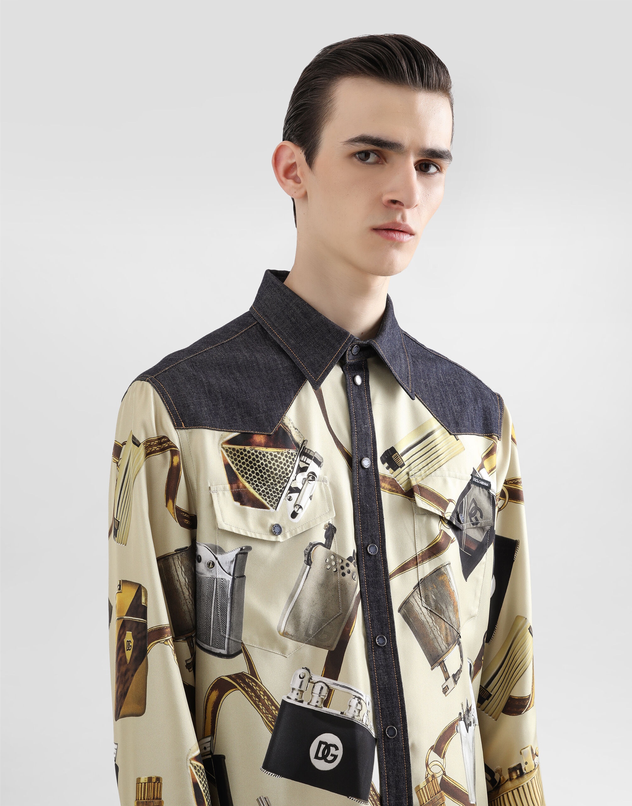 Silk and denim shirt with lighter print - 4