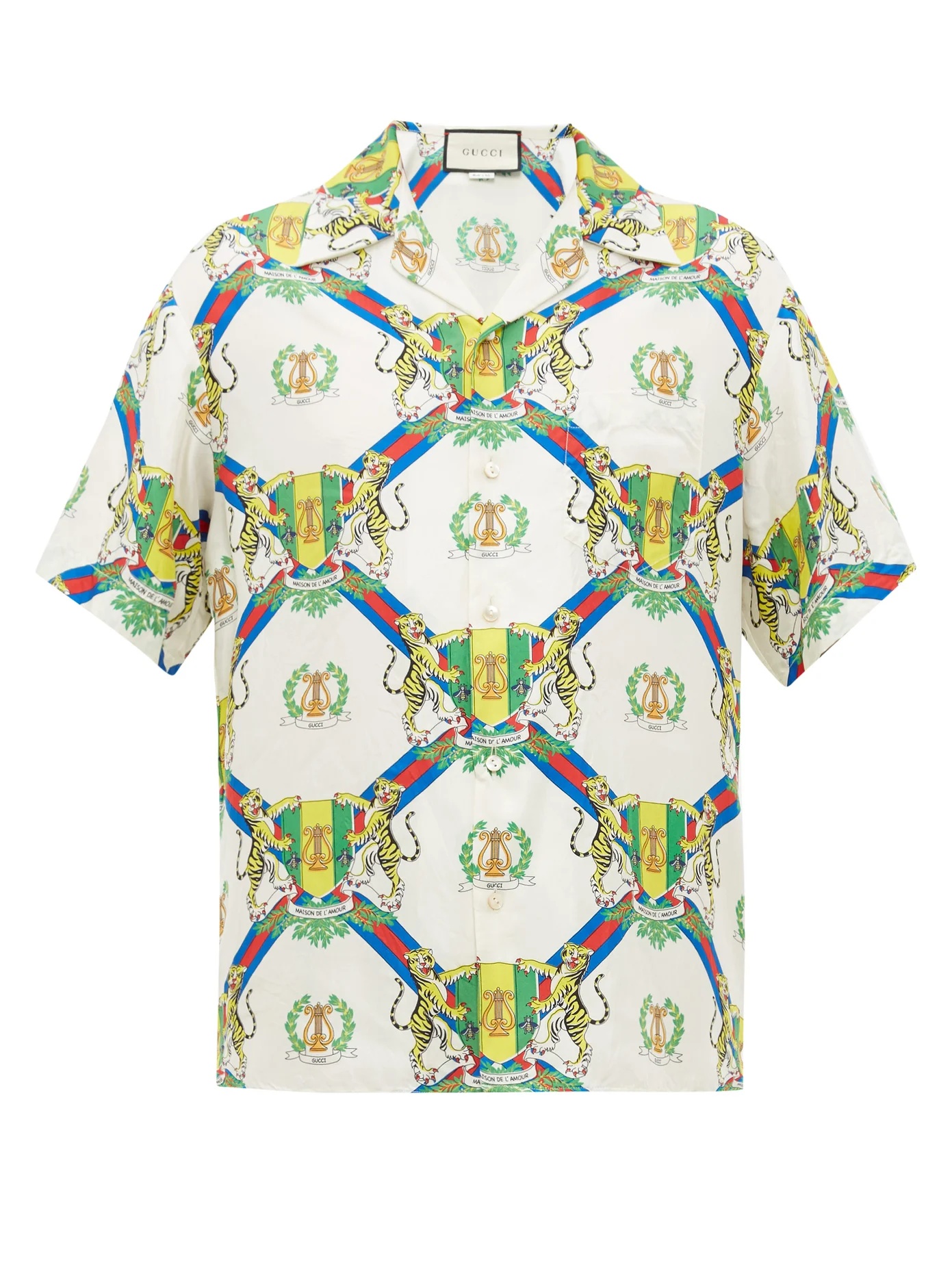 Crest-print Cuban-collar silk shirt - 1