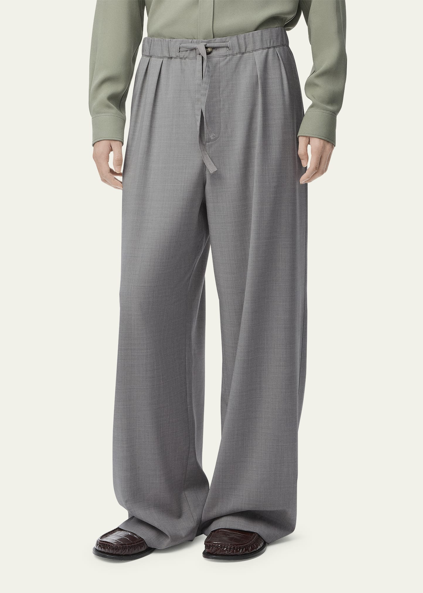 Men's Grey Light Wool Loose Trousers - 2