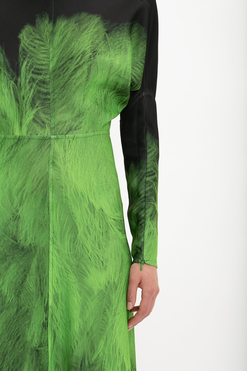 Victoria Beckham Dolman Midi Dress In Green Digital Feather Print -  1423WDR004988A-A/O-Feather---Green/Black-4 | REVERSIBLE