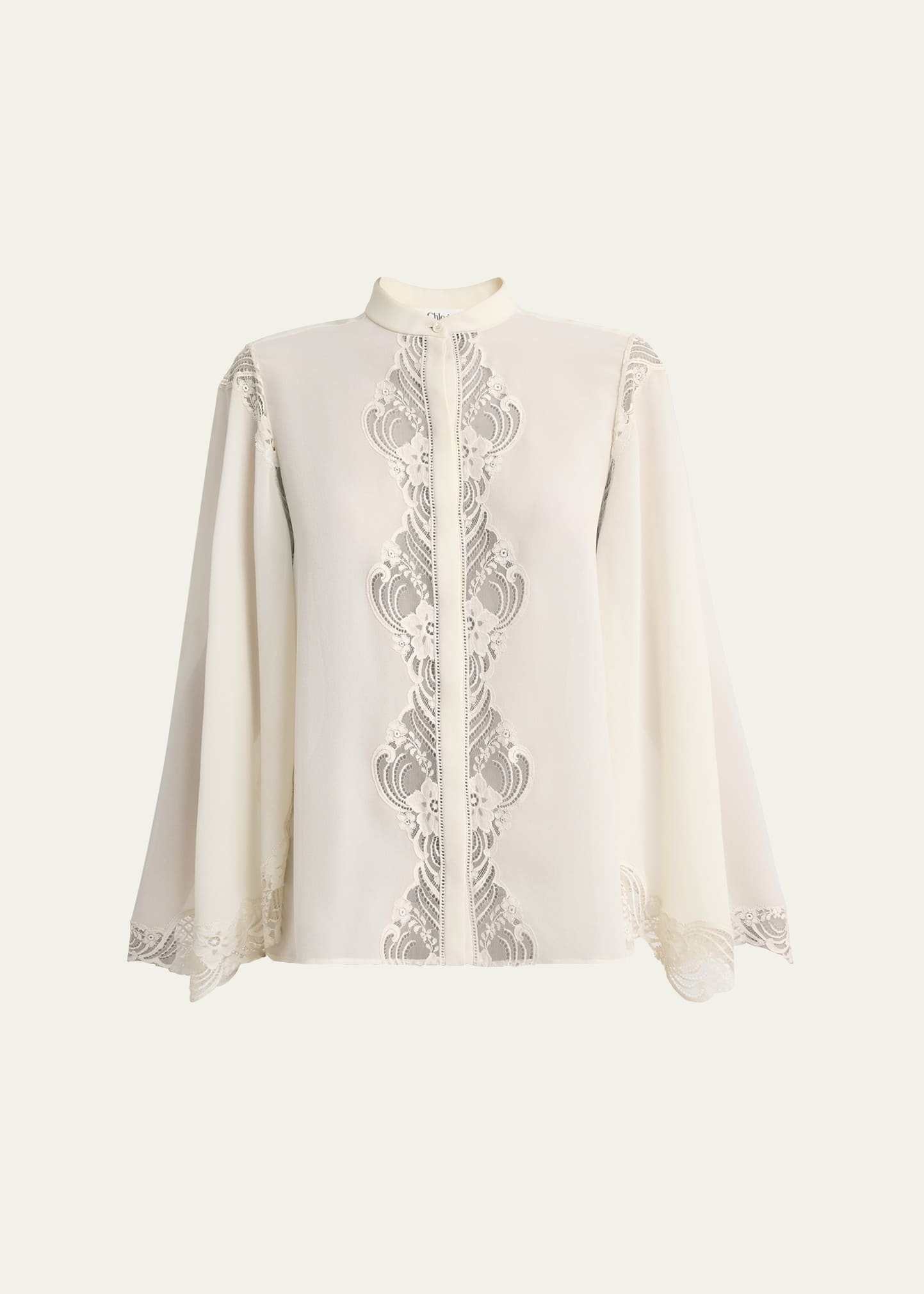 Lace Placket Tulip-Sleeve Silk Blouse - 1