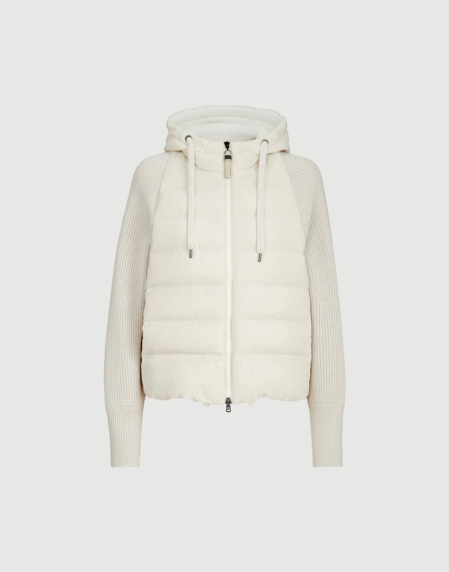 Water-resistant matte nylon hooded down jacket with knit sleeves and monili - 1