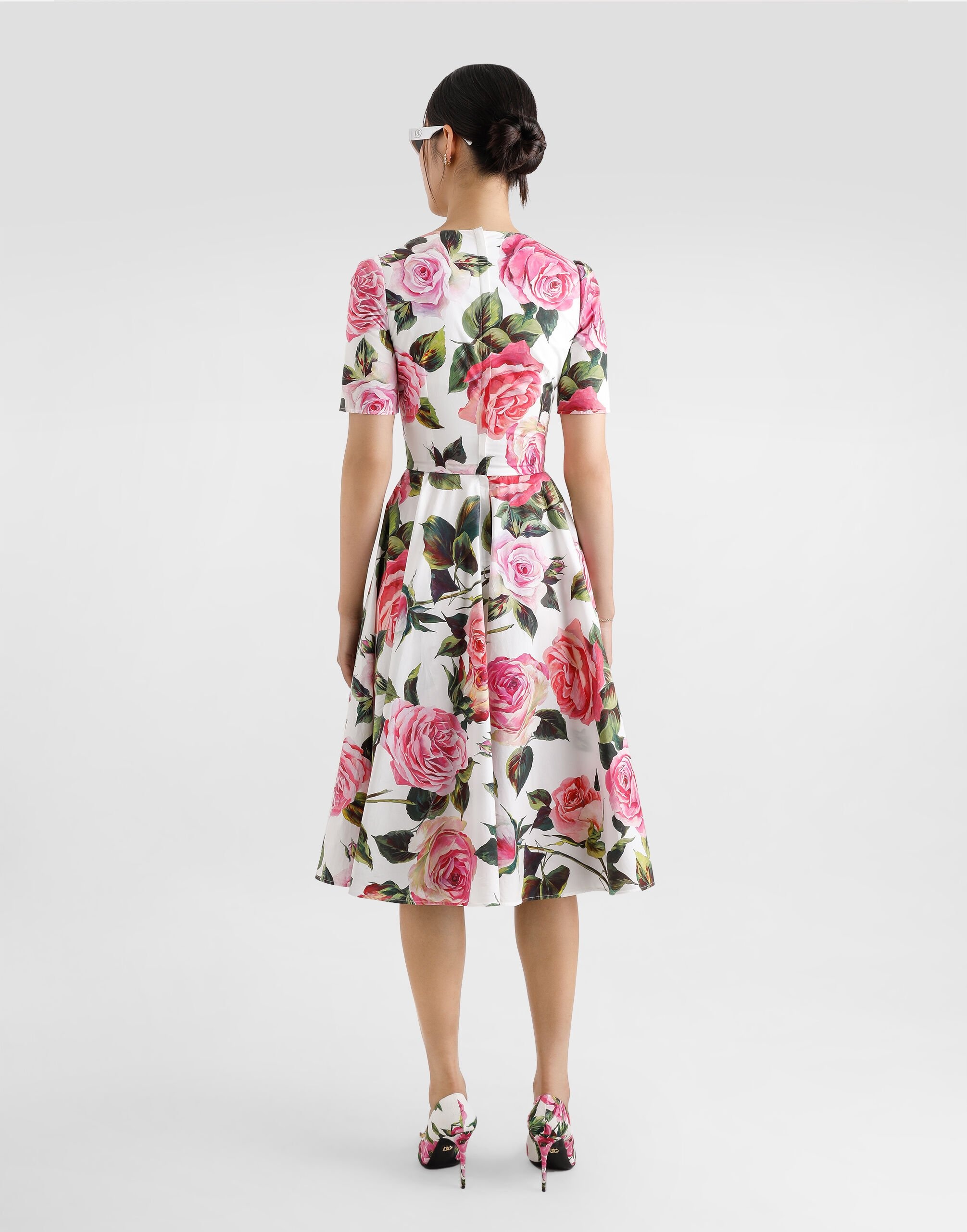 Cotton calf-length babydoll dress with rose print - 3